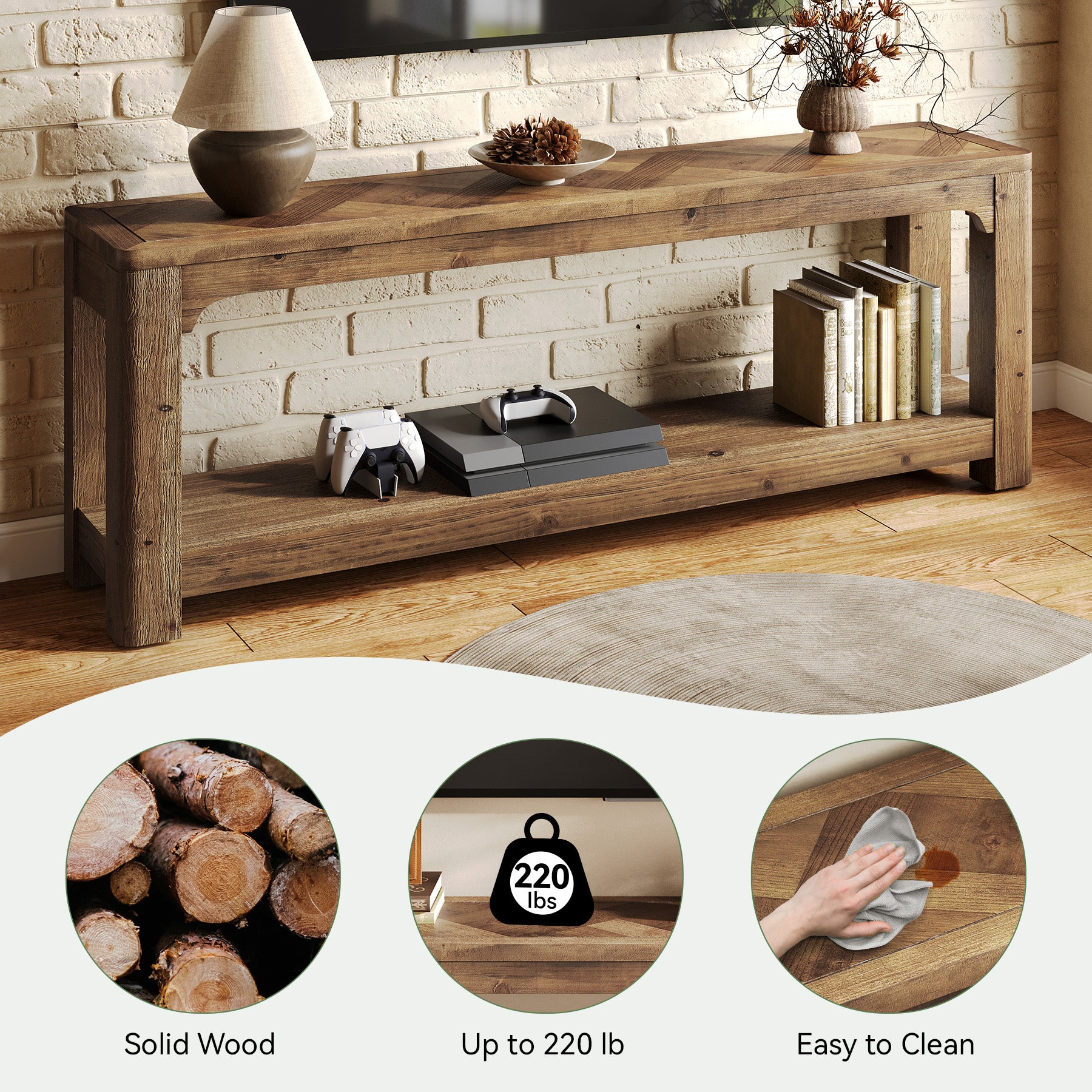 Solid Wood TV Stand for TVs Up to 65 Inches, Farmhouse Entertainment Center with Open Storage Shelves