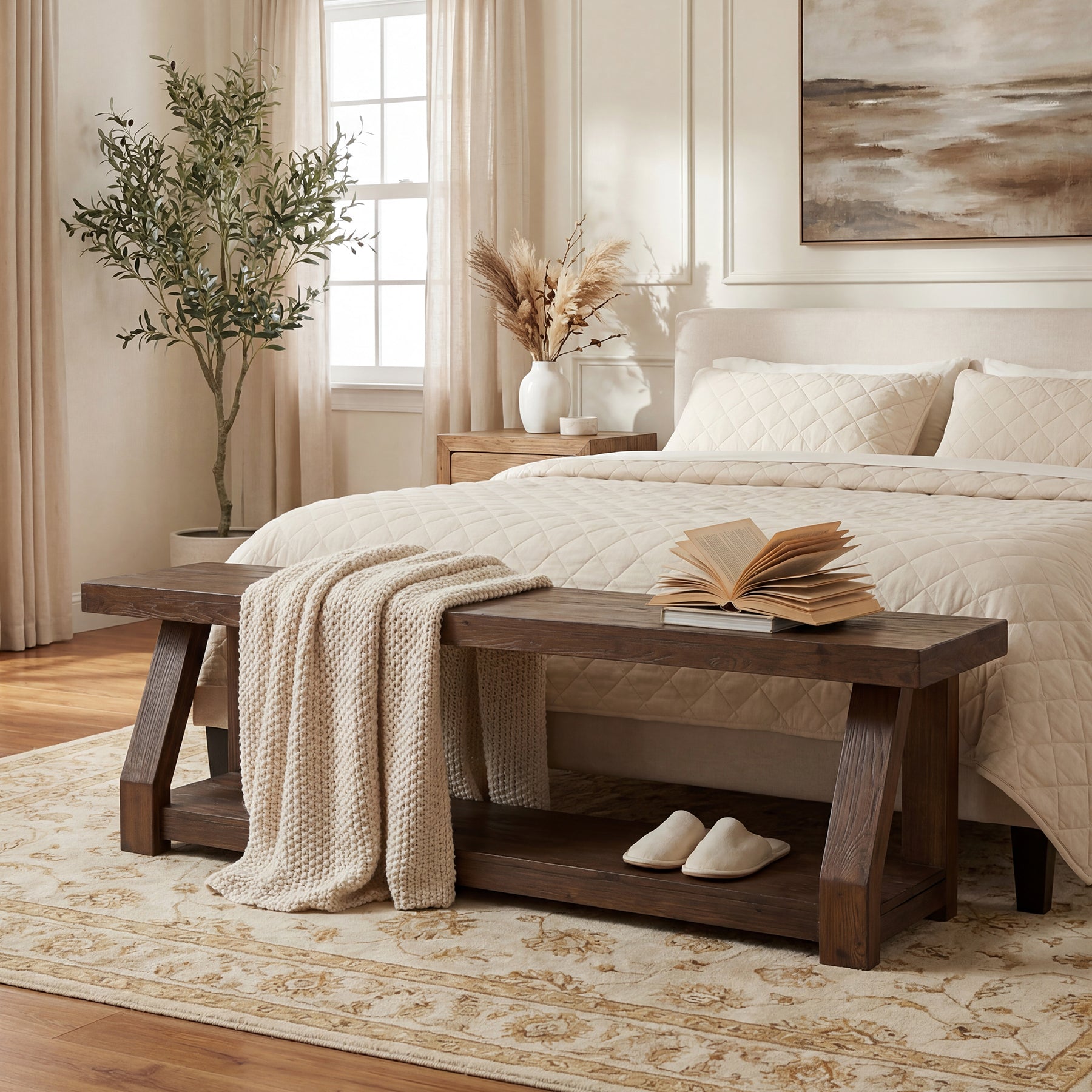 63" Solid Wood Entryway Bench with Shoe Storage, 2-Tier Rustic Shoe Bench for Hallway, Living Room & Bedroom