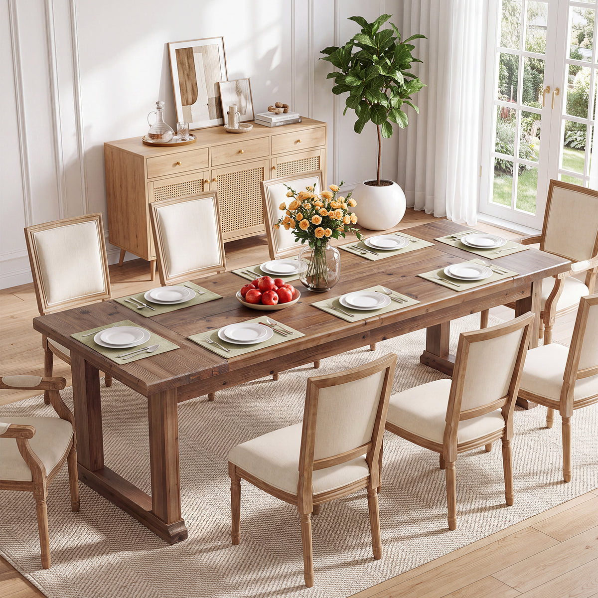 87" Farmhouse Solid Wood Dining Table, Rectangular Kitchen Table with Trestle Base