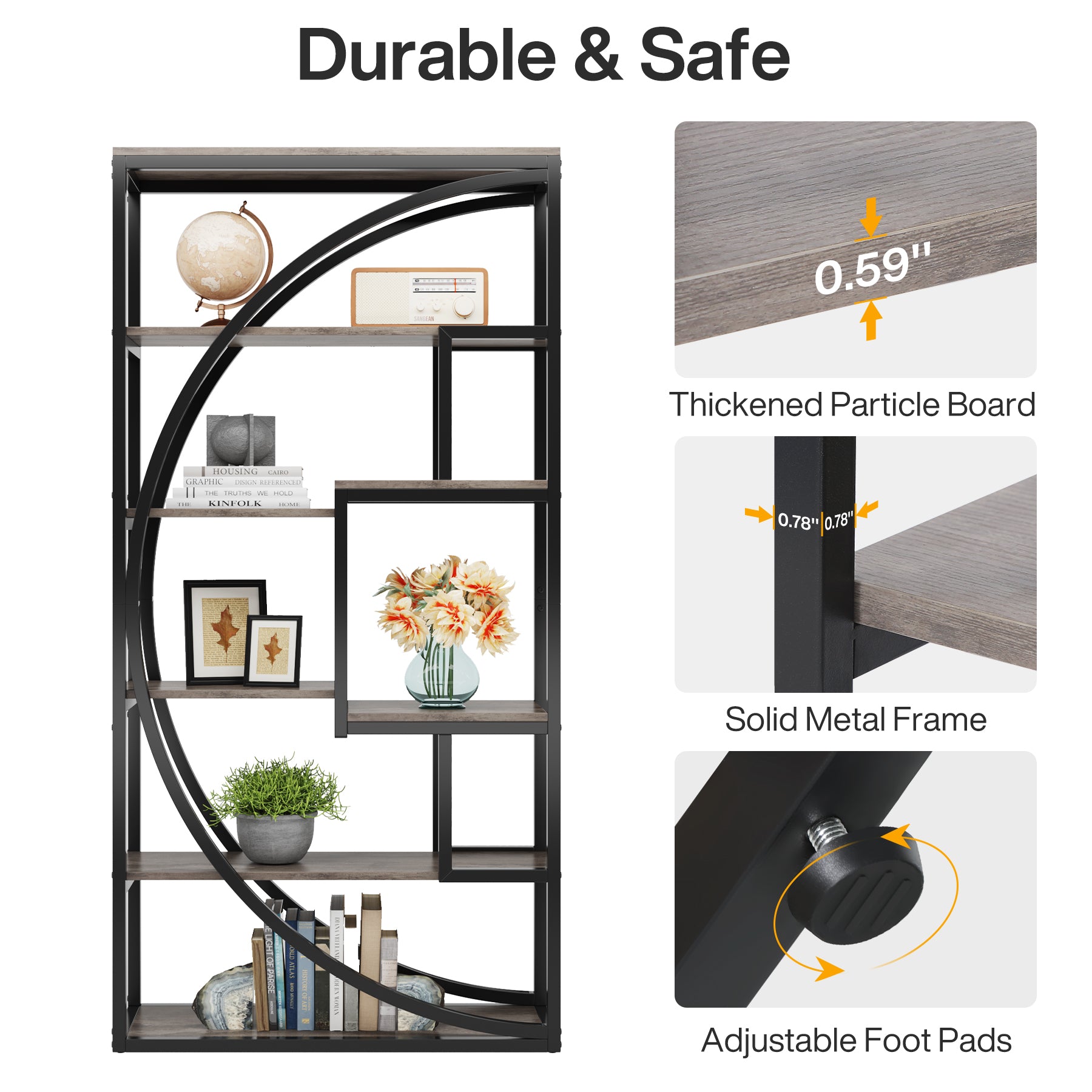 70.8” Tall Modern Geometric Bookcase, 5-Tier Etagere with 8 Open Shelves