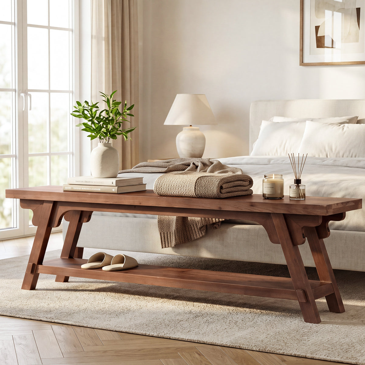 63" Long Solid Wood Entryway Bench, 2-Tier End of Bed Bench, Bedroom Mudroom