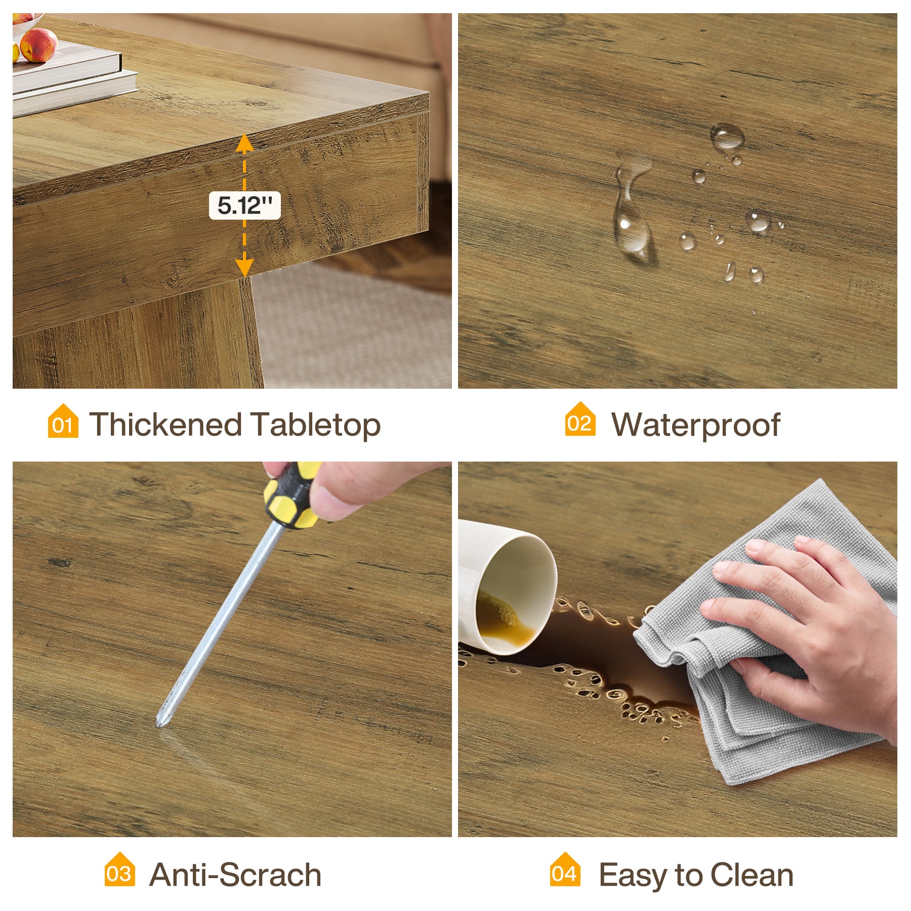 47.24" Wooden Low Coffee Table, Rustic Rectangular Center Table with Solid Base