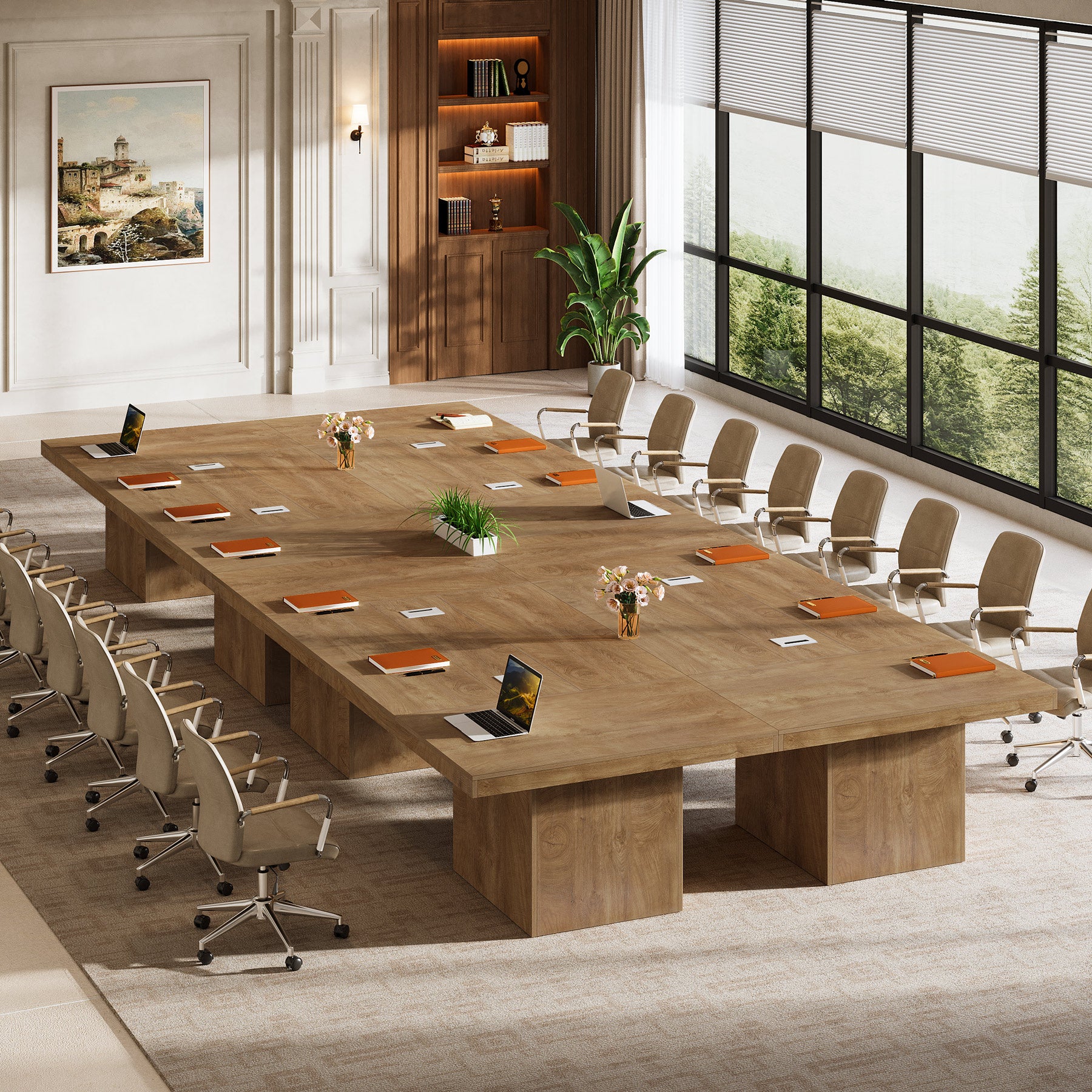 95" Conference Table with Pedestal Base, 8FT Wood Office Meeting Table, Cable Grommets