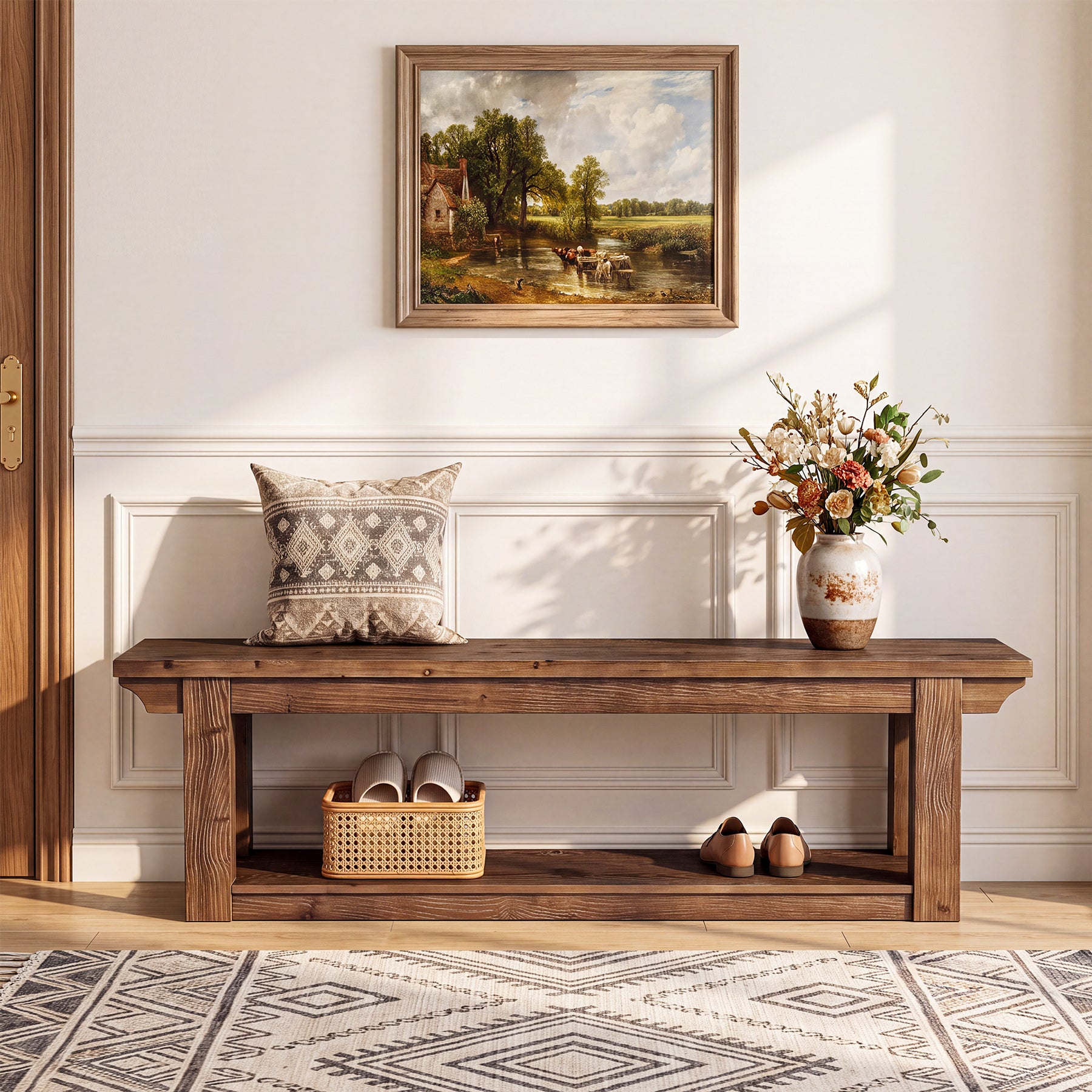 63" Entryway Shoe Storage Bench, Farmhouse Solid Wood 2-Tier, Hallway Bedroom