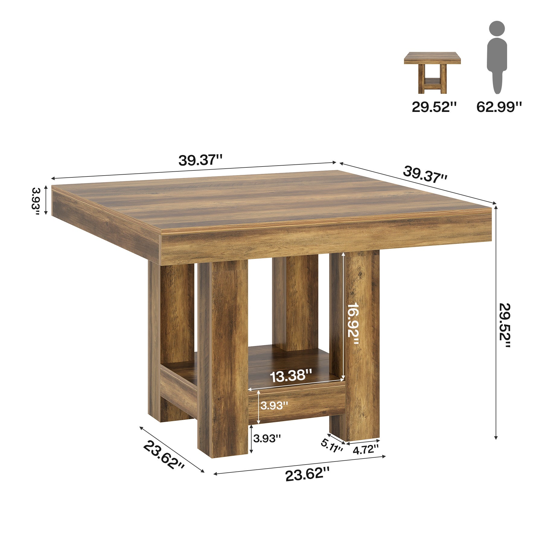 Square Dining Table, 39" Kitchen Dinner Table with Storage Shelf for 2-4