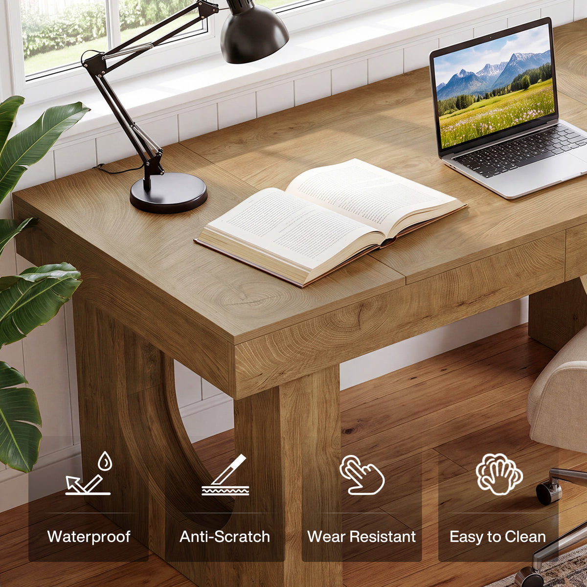 55" Farmhouse Executive Desk, Rectangular Office Computer Desk with U-Shape Double Pedestal