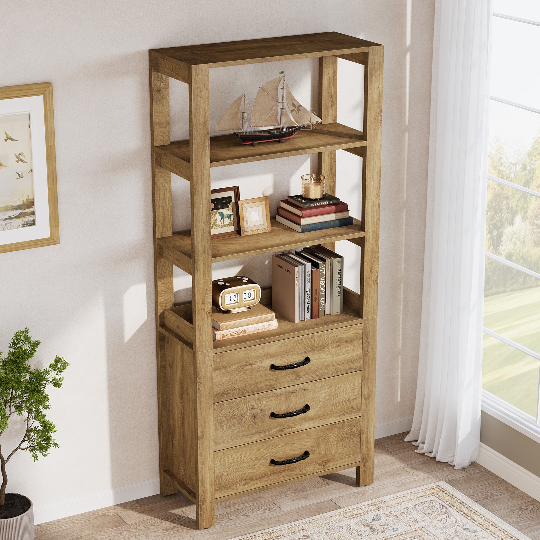 70.9" Bookshelf with Drawers, Modern Bookcase with 3-Tier Open Shelf