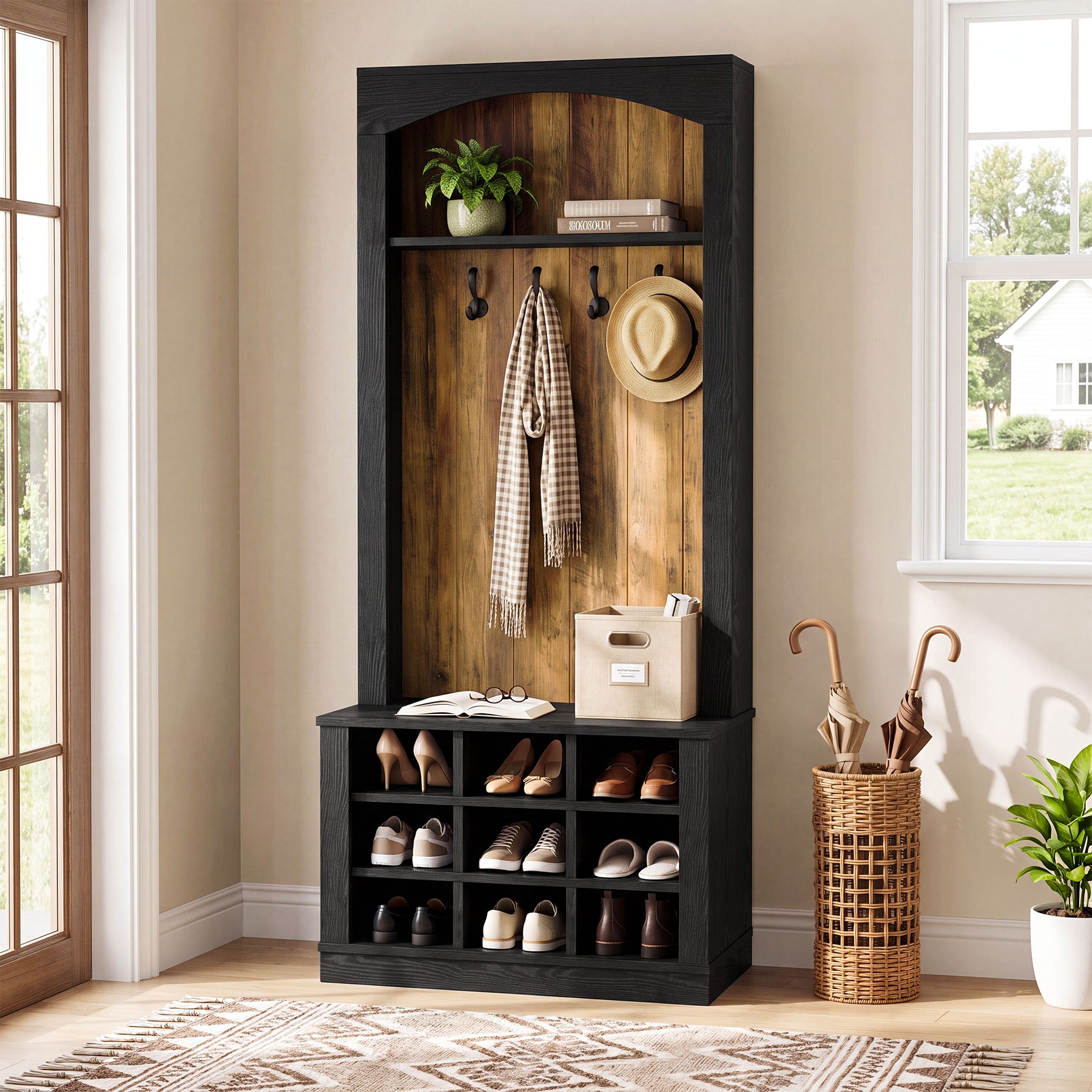 70.8" Tall Hall Tree, 4-in-1 Entryway Tree with Bench and Shoe Storage