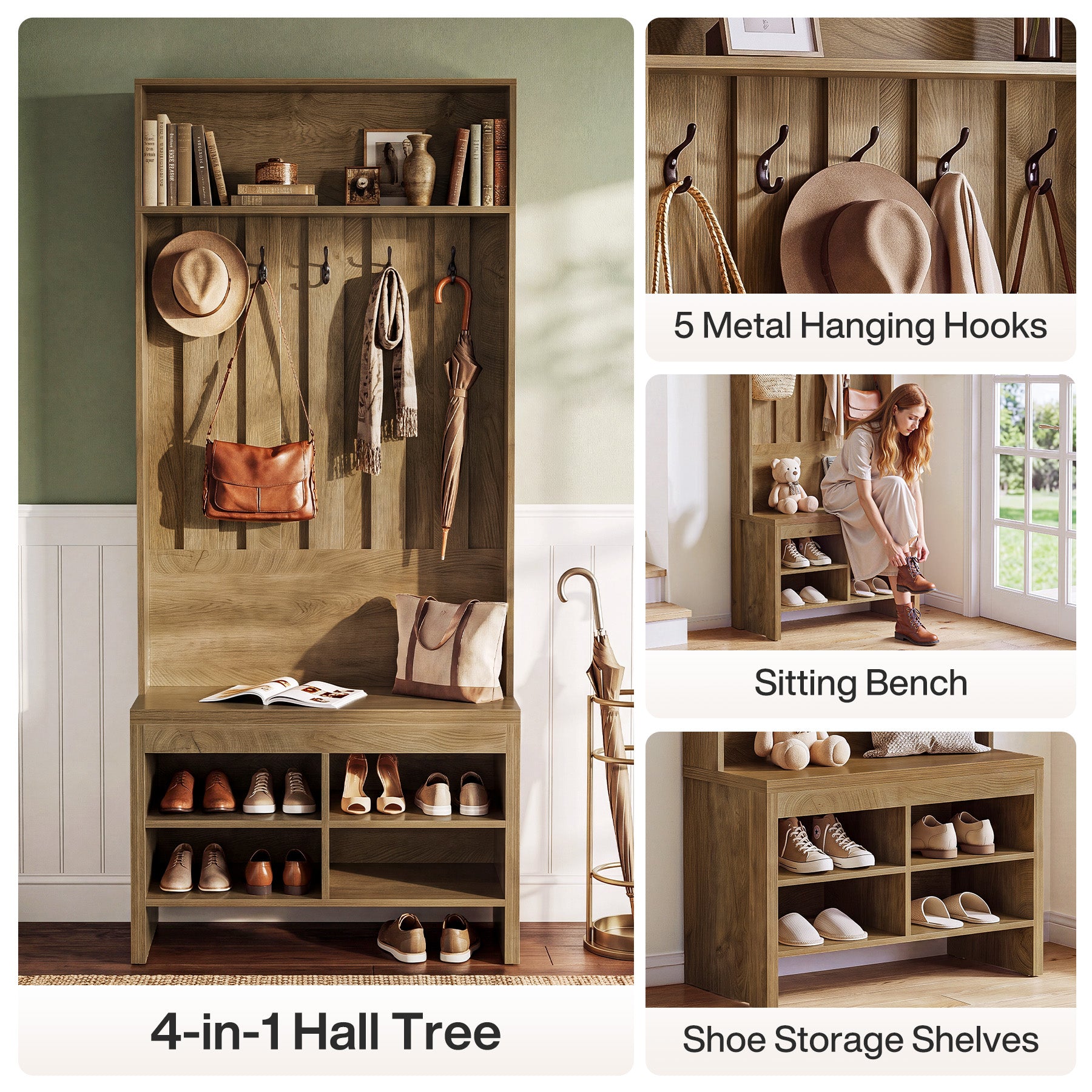 70.8" Tall Hall Tree, Entryway Organizer with Bench & 5 Hooks