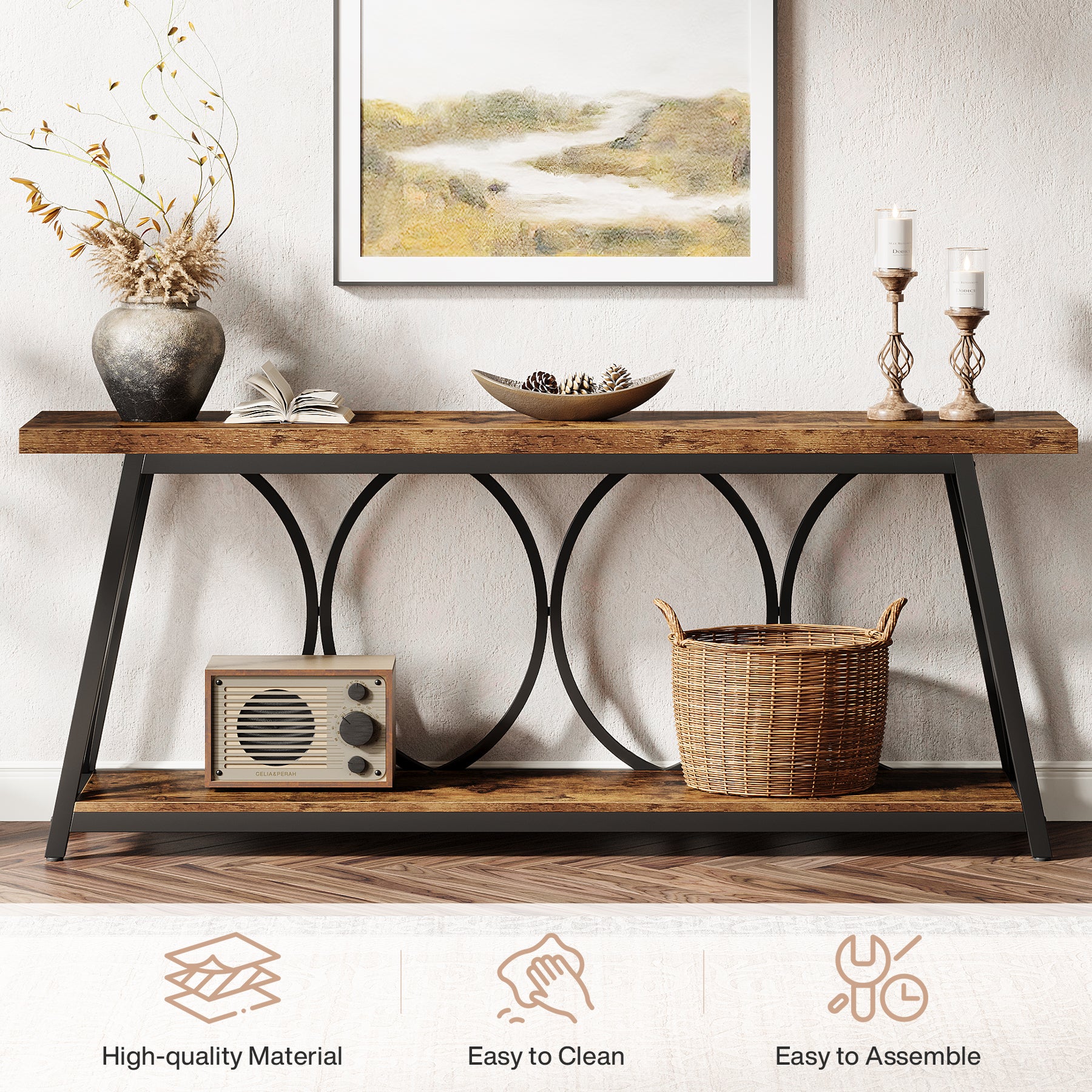 70.9" 2-Tier Industrial Console Table, Sofa Table with Shelves for Living Room or Entryway