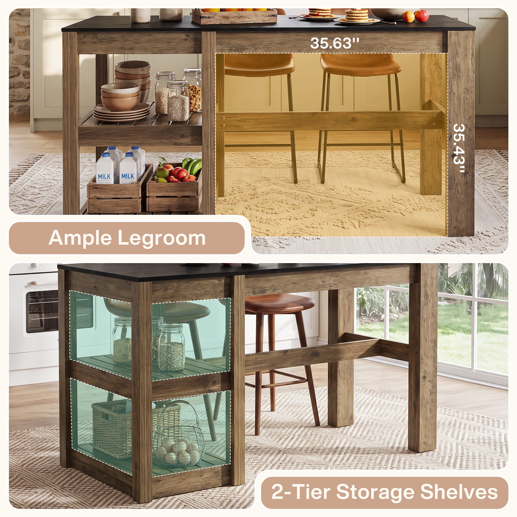 55" Kitchen Island Table, 2-Tier Storage Shelves for Dining Room