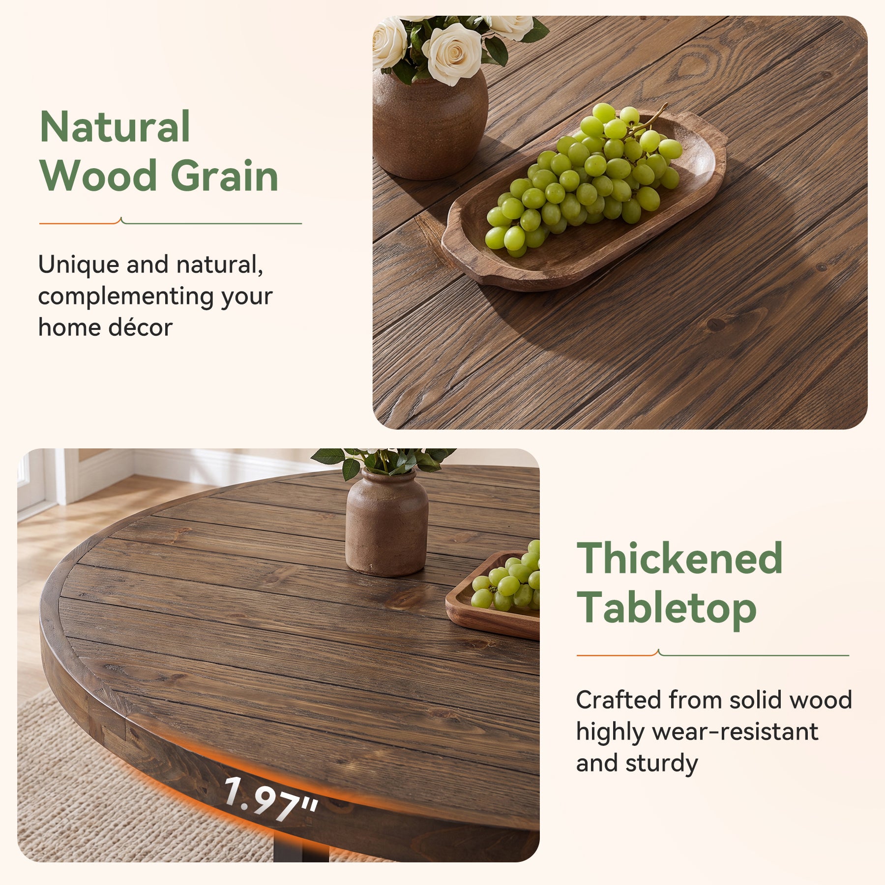 47" Round Dining Table, Solid Wood Kitchen Table with Metal Cross Base for 4-6