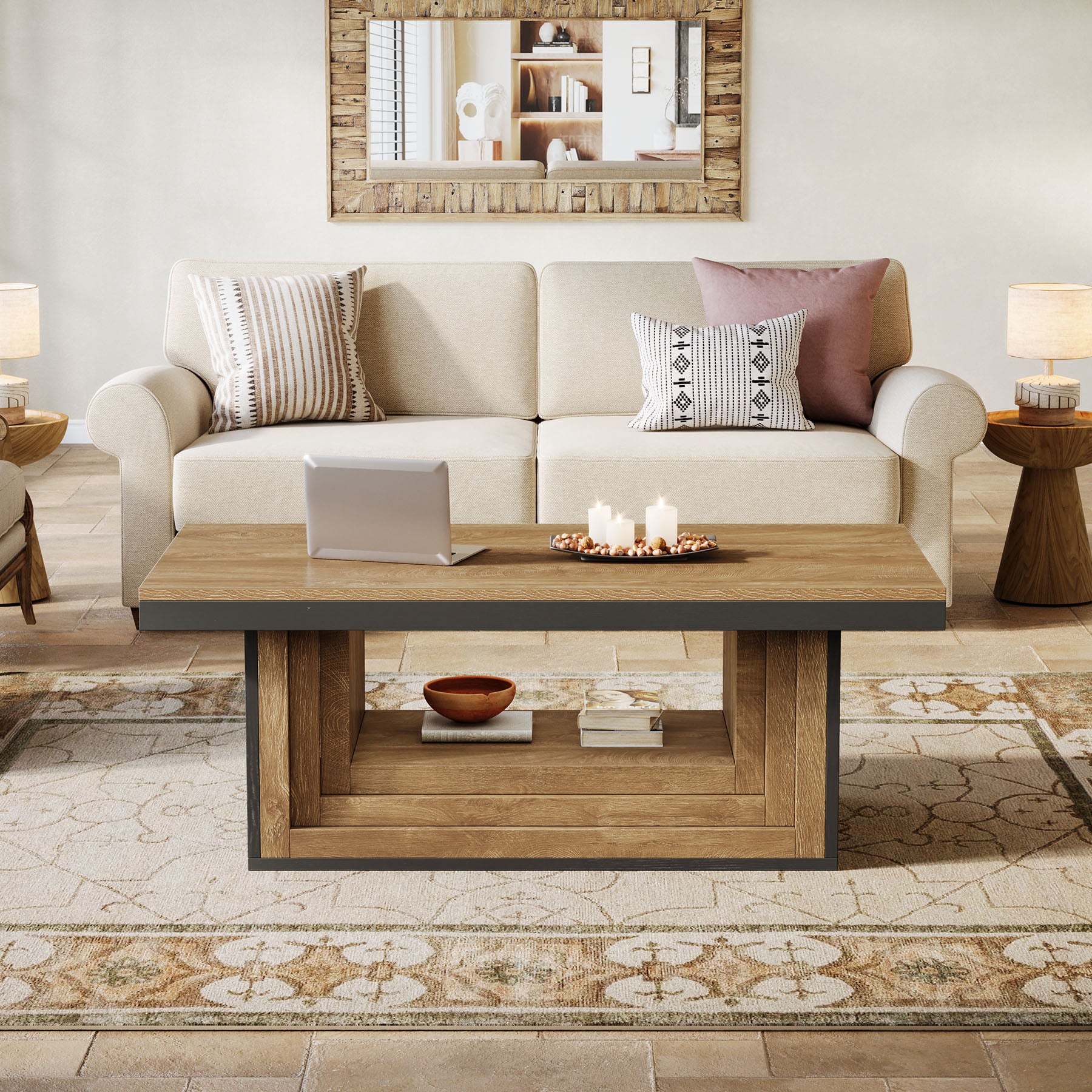 47" Rectangle Coffee Table, Pedestal Center Table Tea Table for Living Room