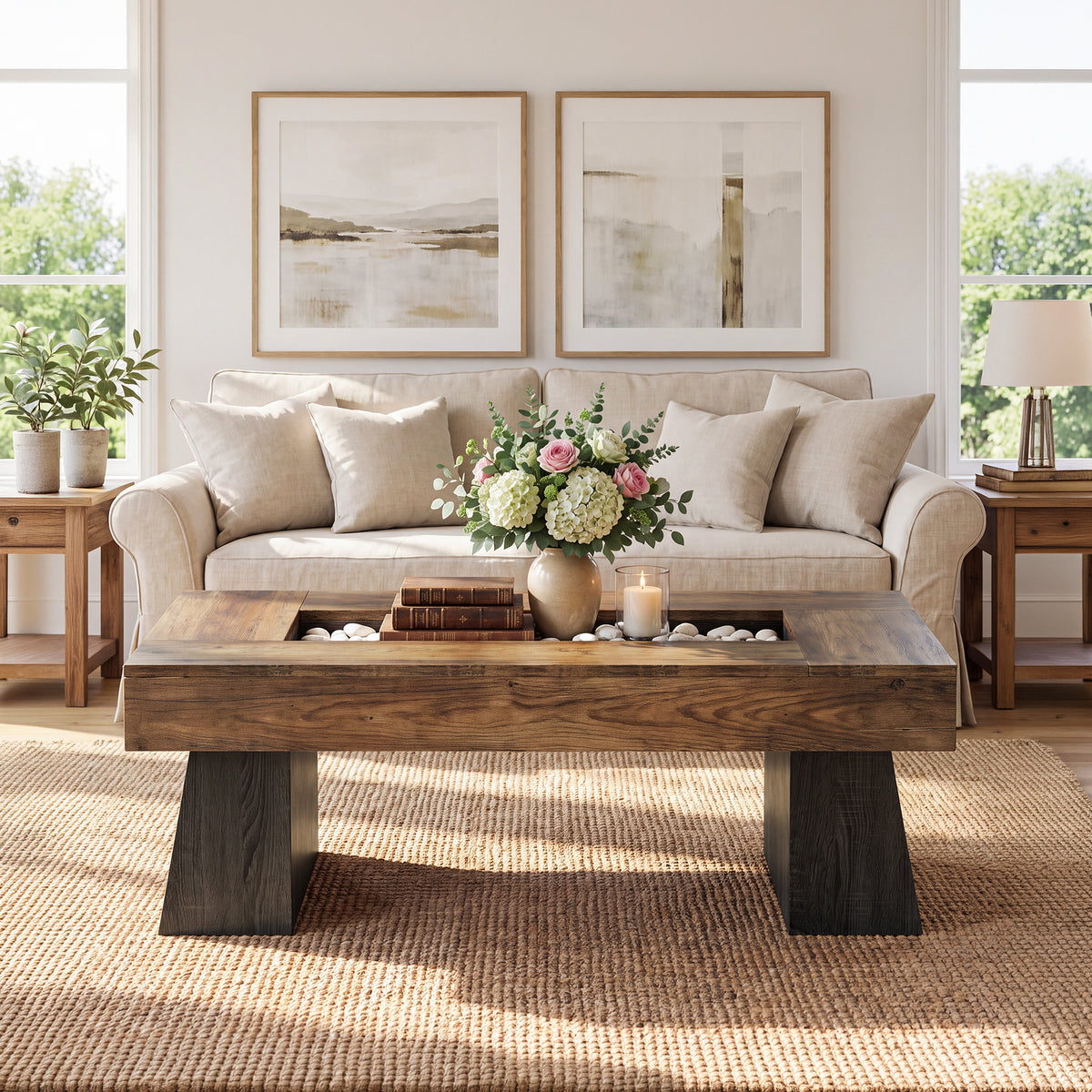 47.24 Inch Coffee Table with Recessed Storage Center, Rustic Modern Living Room Center Table