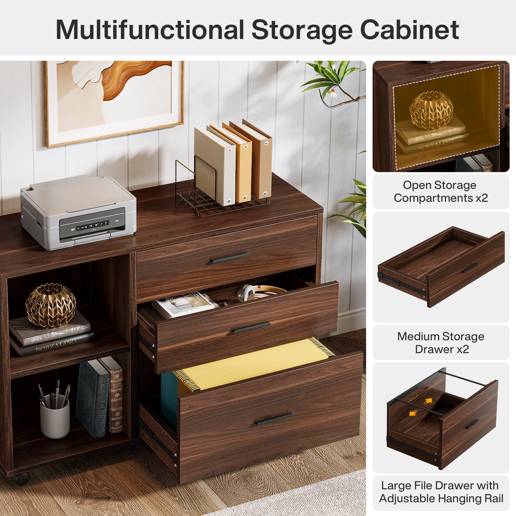 mobile lateral file cabinet with drawers and storage shelves for office organization