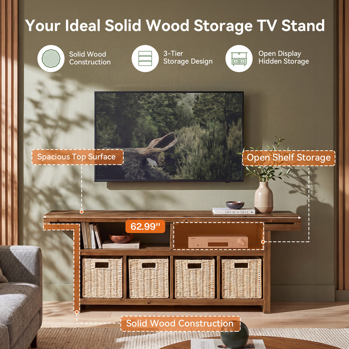 63" Farmhouse Solid Wood TV Stand with 4 Baskets & 2 Open Shelves