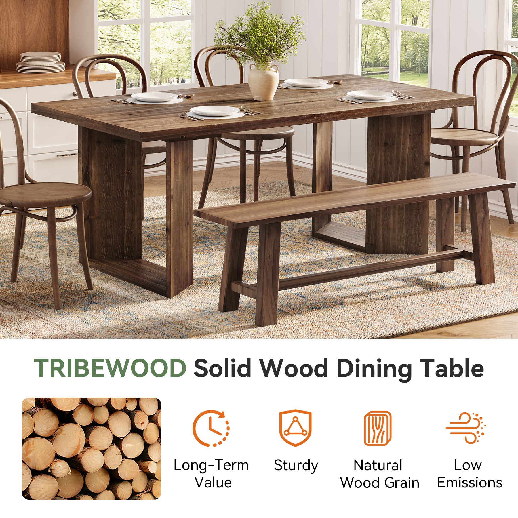 63" Solid Wood Dining Table, Rectangle Kitchen Table with U-Shaped Frames for 4-6