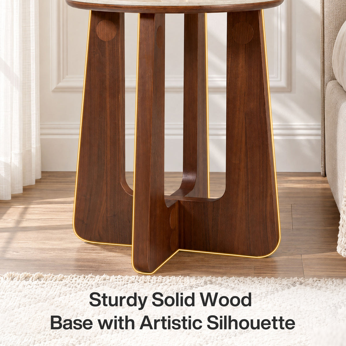 Round Sintered Stone Nightstand with Solid Wood Base, Mid-Century Modern Bedside Table