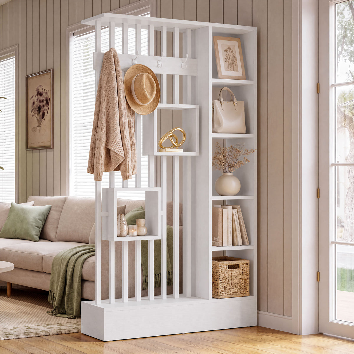 71" Room Divider with Shelves, Modern Wall Partition with Coat Hooks & Open Display Shelf