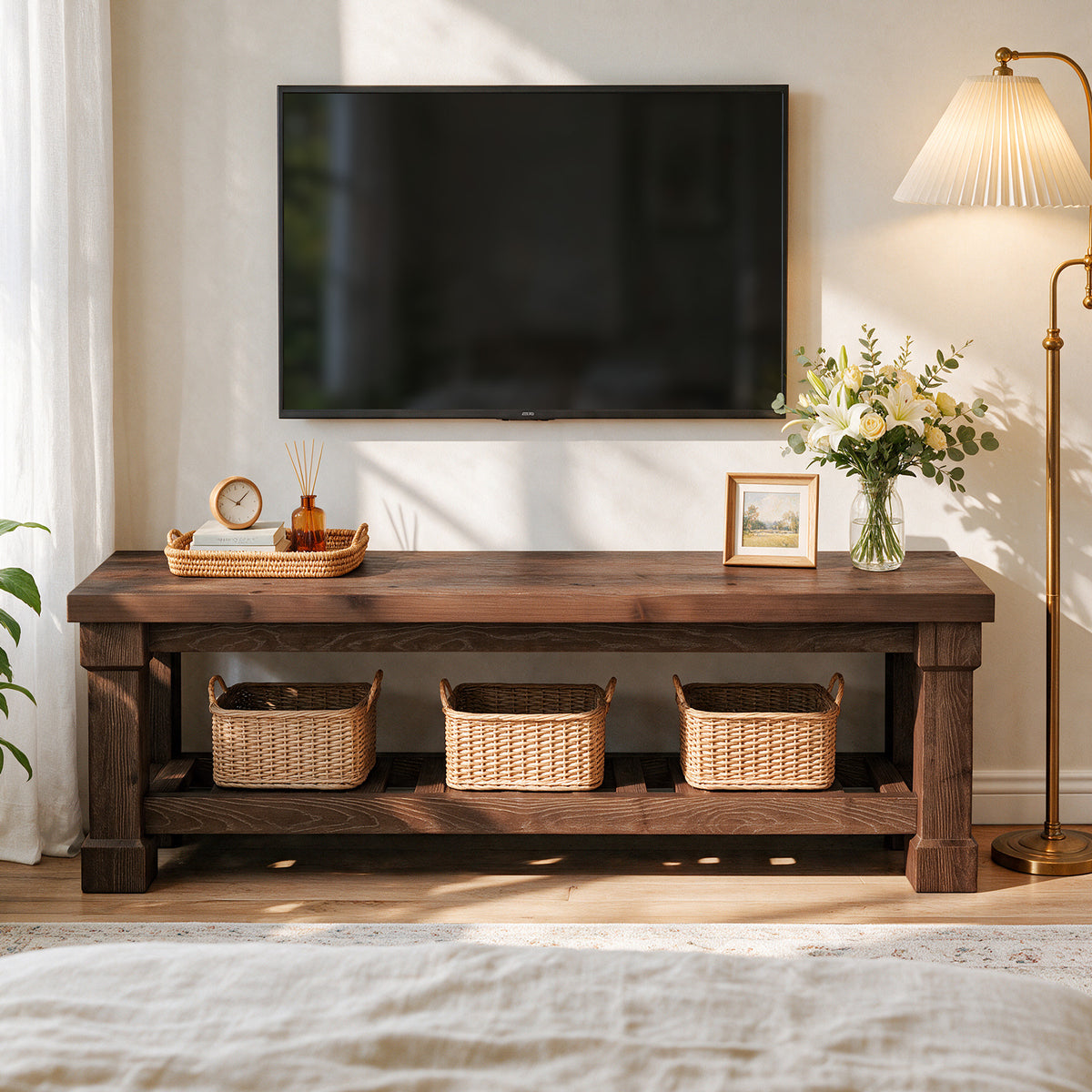 59" Solid Wood TV Stand for TVs Up to 65", Farmhouse TV Console Table with Storage