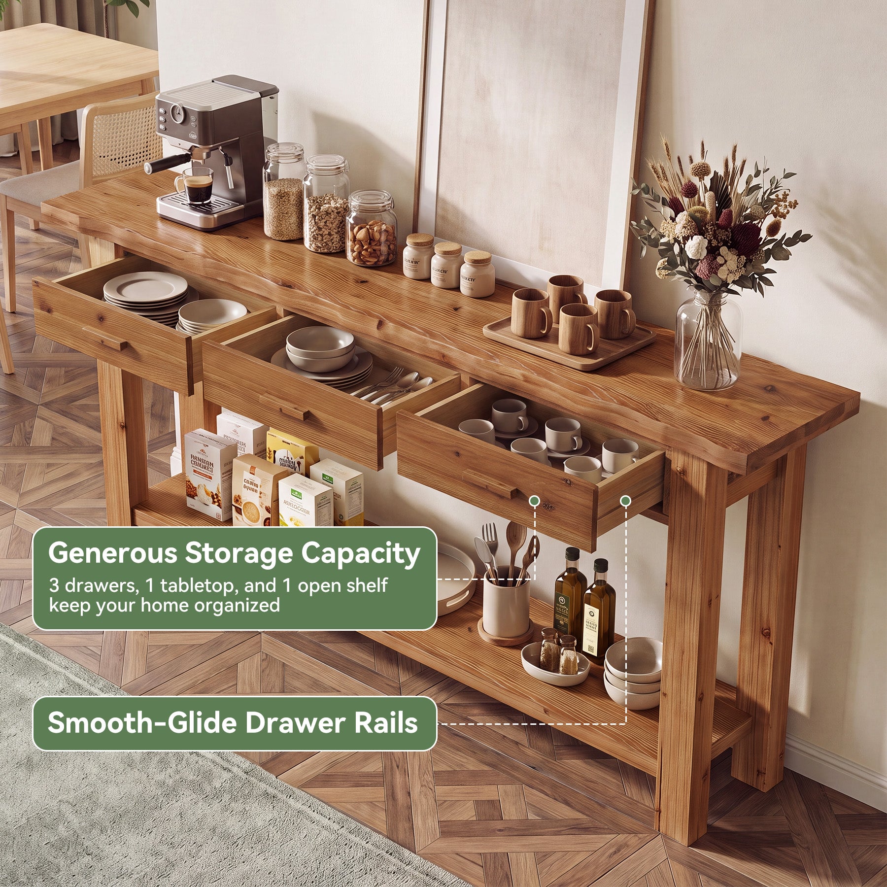 70.9" Solid Wood Console Table, Entryway Table with 3 Drawers For Living Room