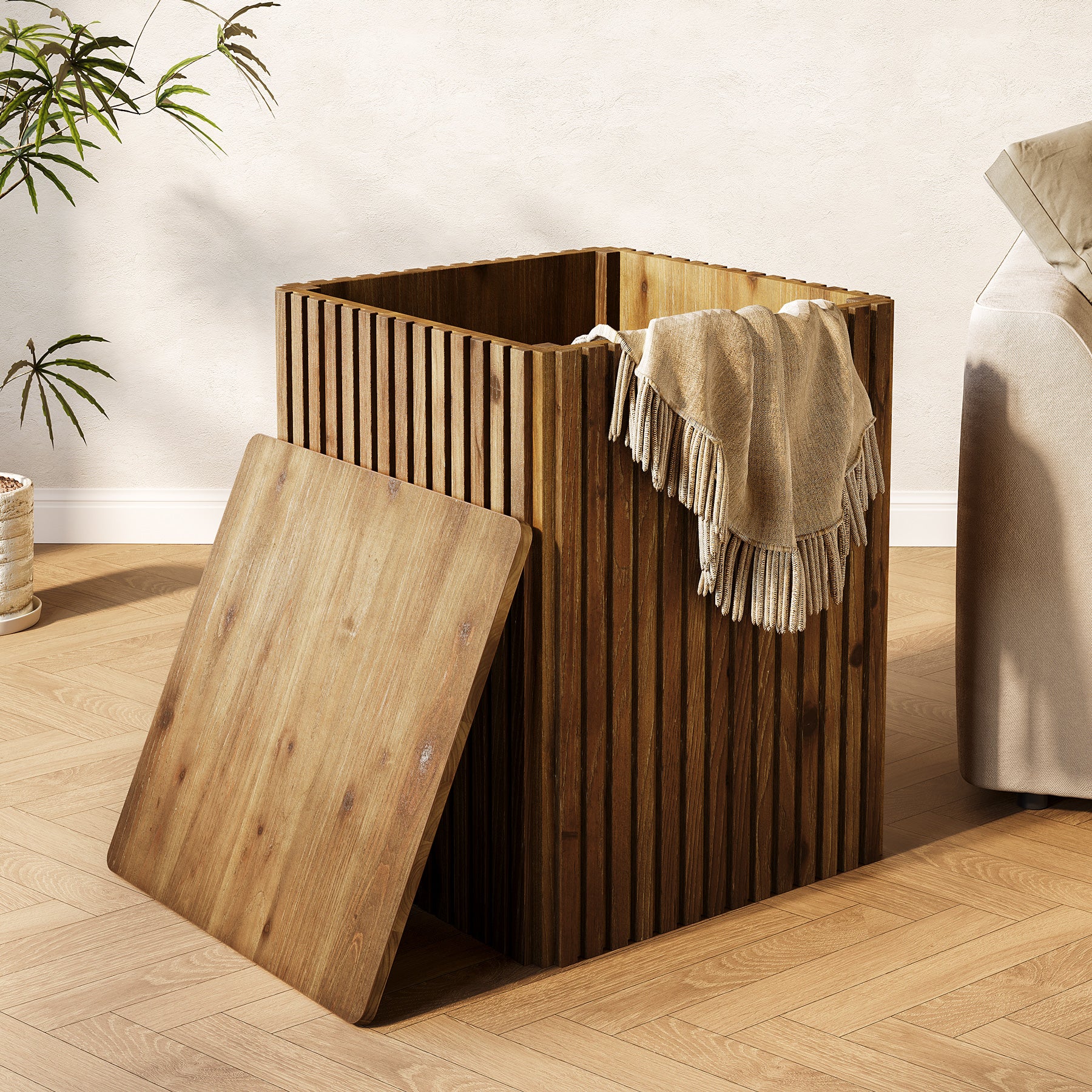 Solid Wood End Table, Square Fluted Side Table with Storage and Removable Lid