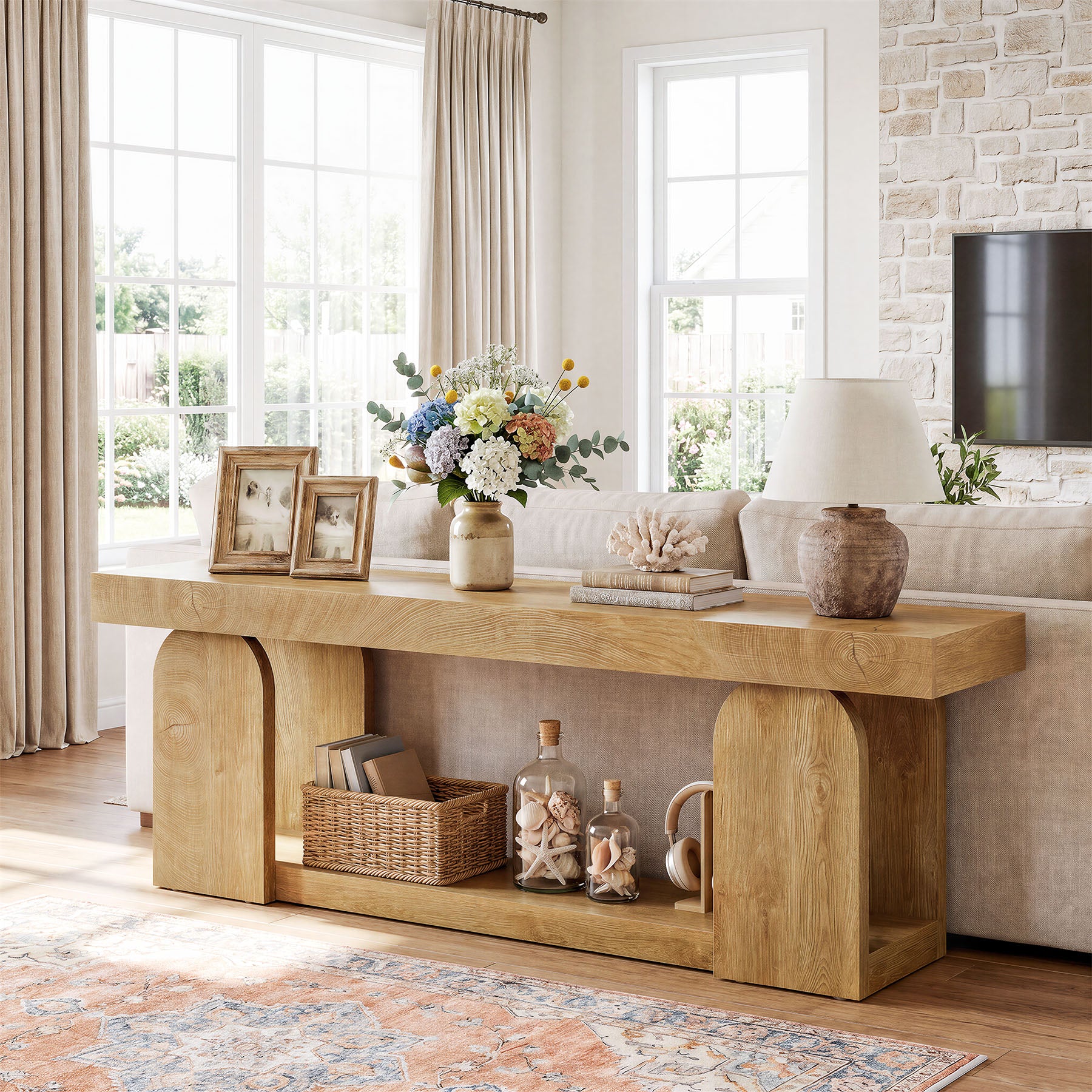 63" Farmhouse Console Table with 2-Tier Storage, Wooden Entryway Sofa Table for Hallway & Living Room