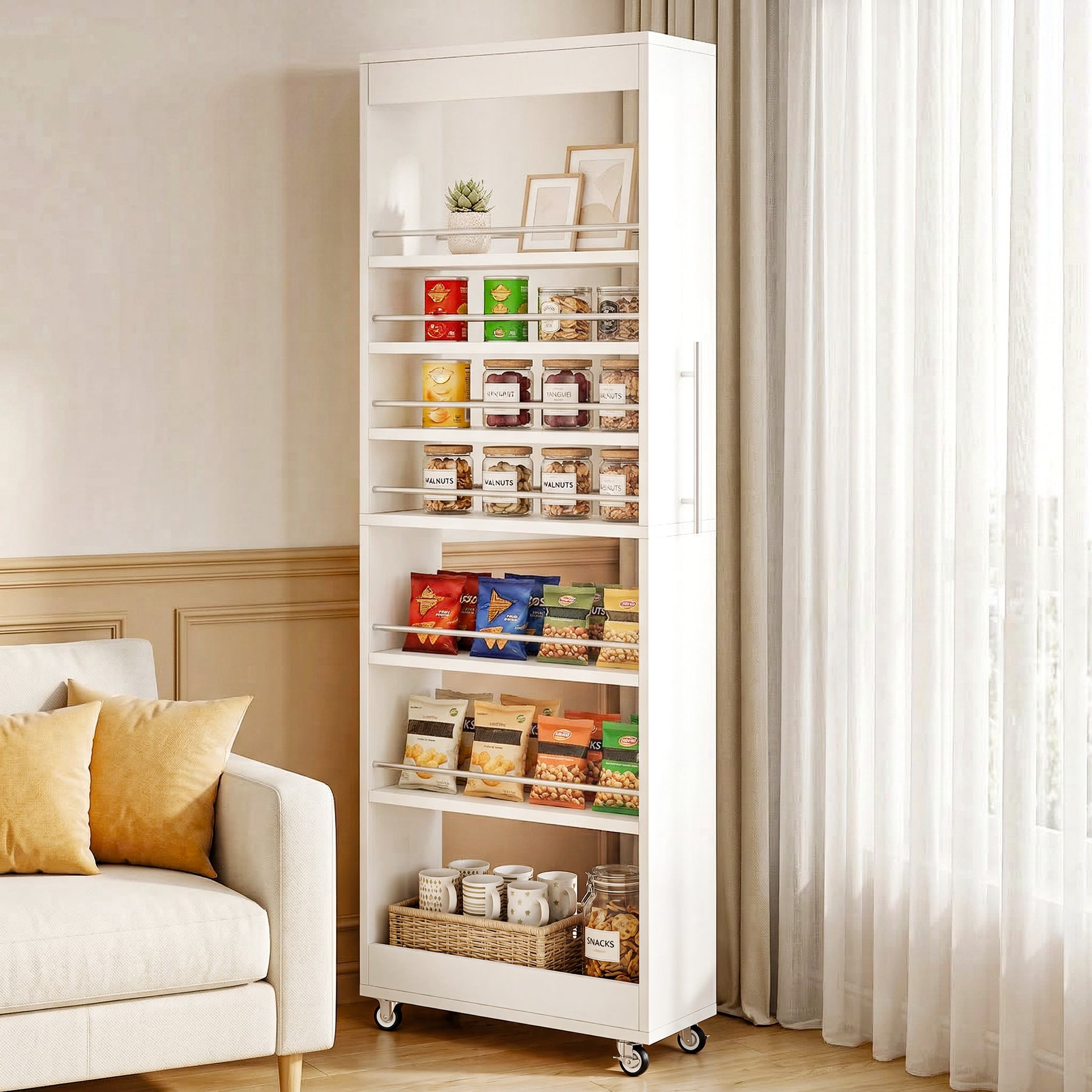 73" Slim Storage Cart on Wheels, 7-Tier Narrow Pantry Rack Cabinet Organizer