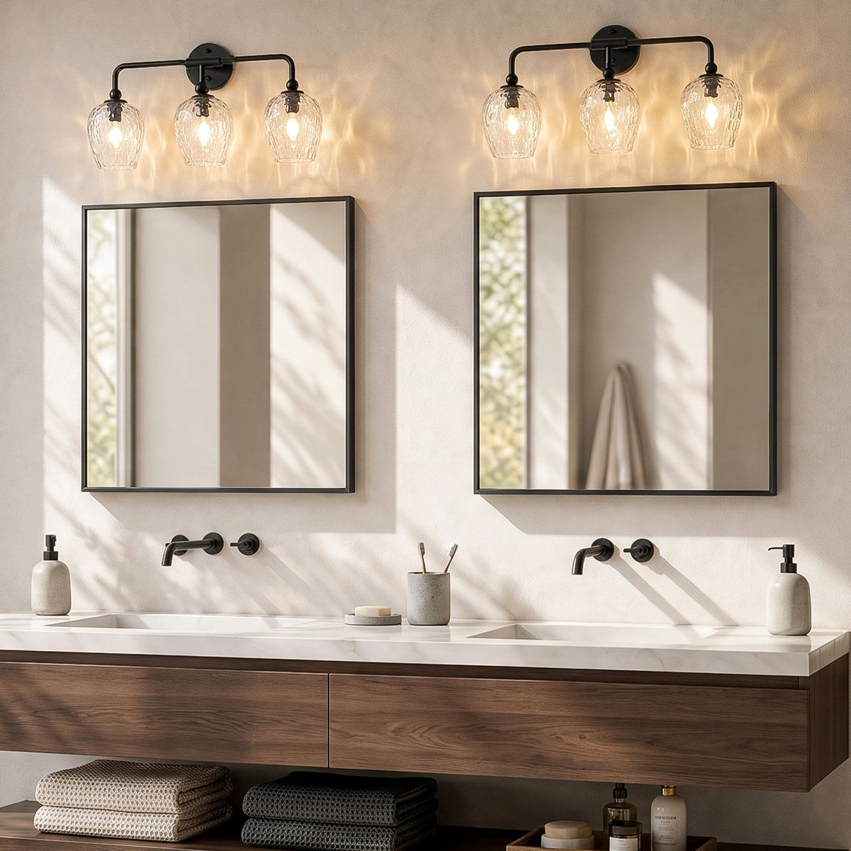 3-Light 22" Bathroom Vanity Light, Matte Black Wall Sconce with Water Ripple Glass