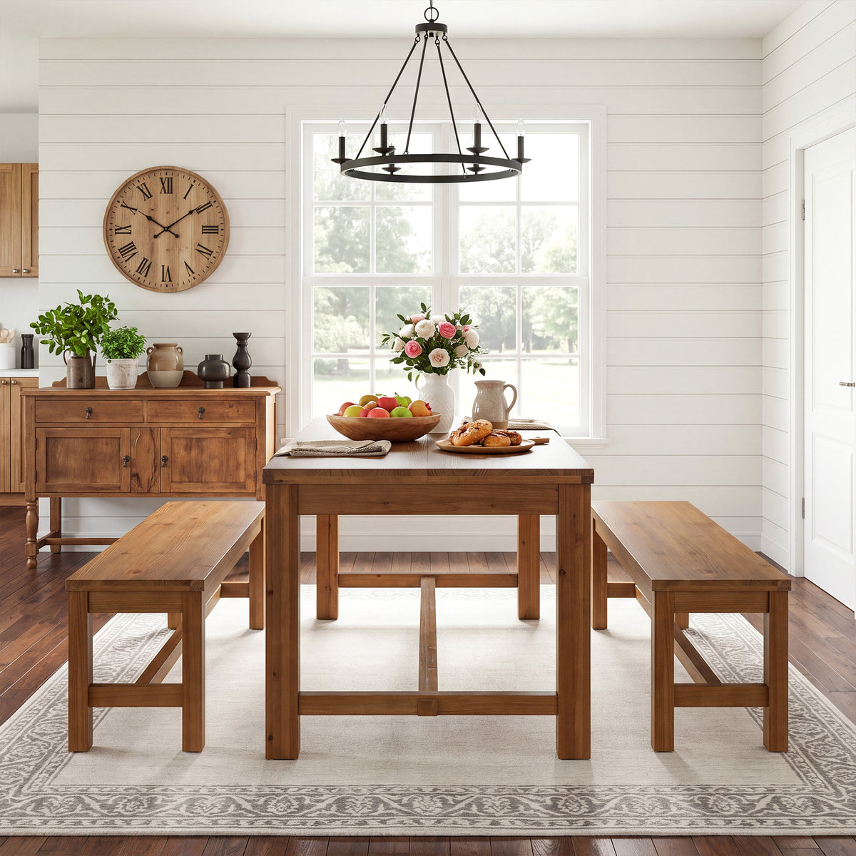 55" Solid Wood Dining Table Set with 2 Benches, 3-Piece Kitchen Table Set for 4-6