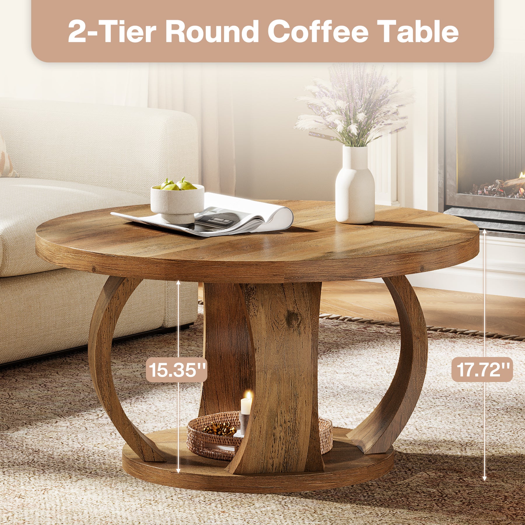 31.5" Round Coffee Table, 2-Tier Wooden Center Table with Storage