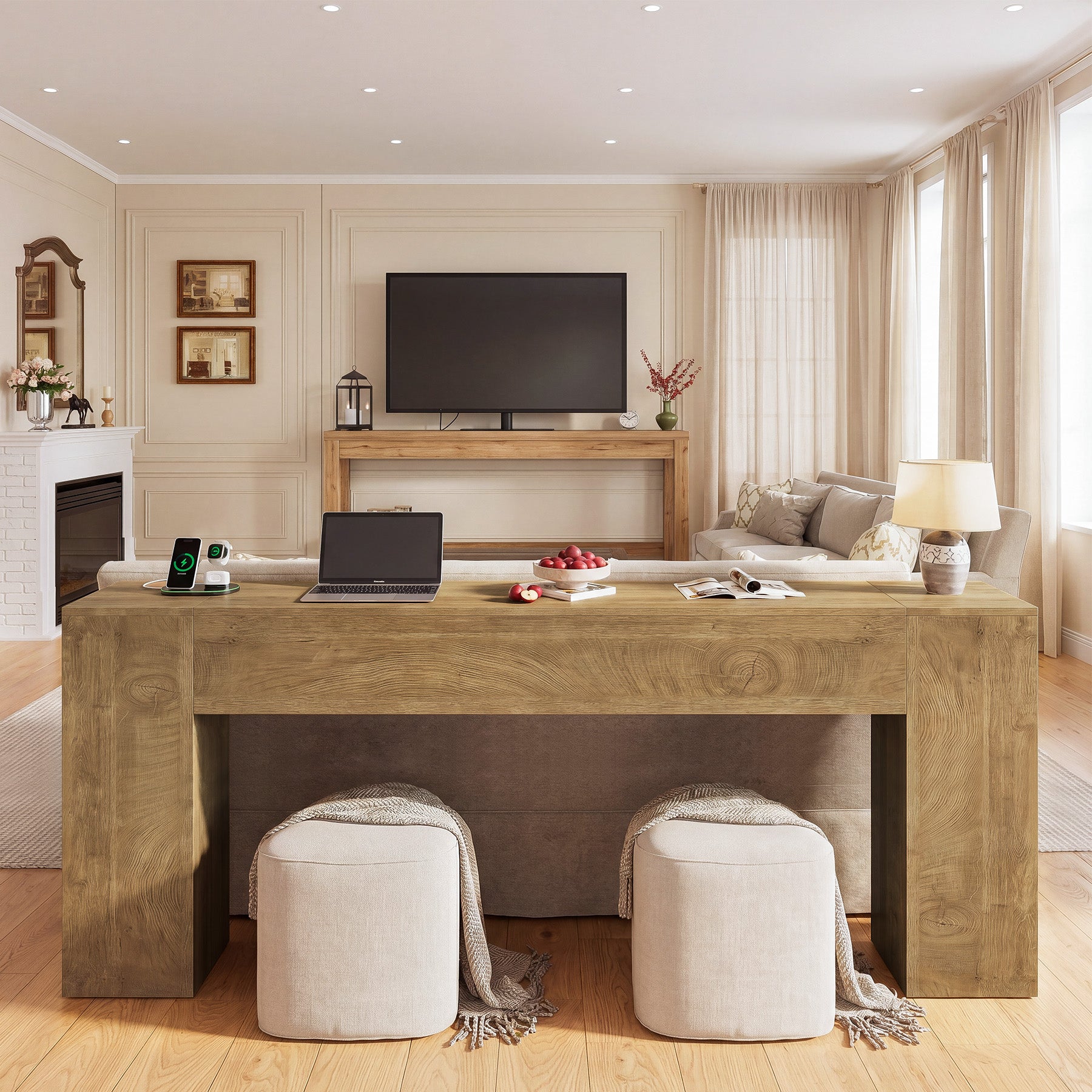 79" Extra Long Console Table, Farmhouse Sofa Table with Double Pedestal Base for Entryway & Living Room