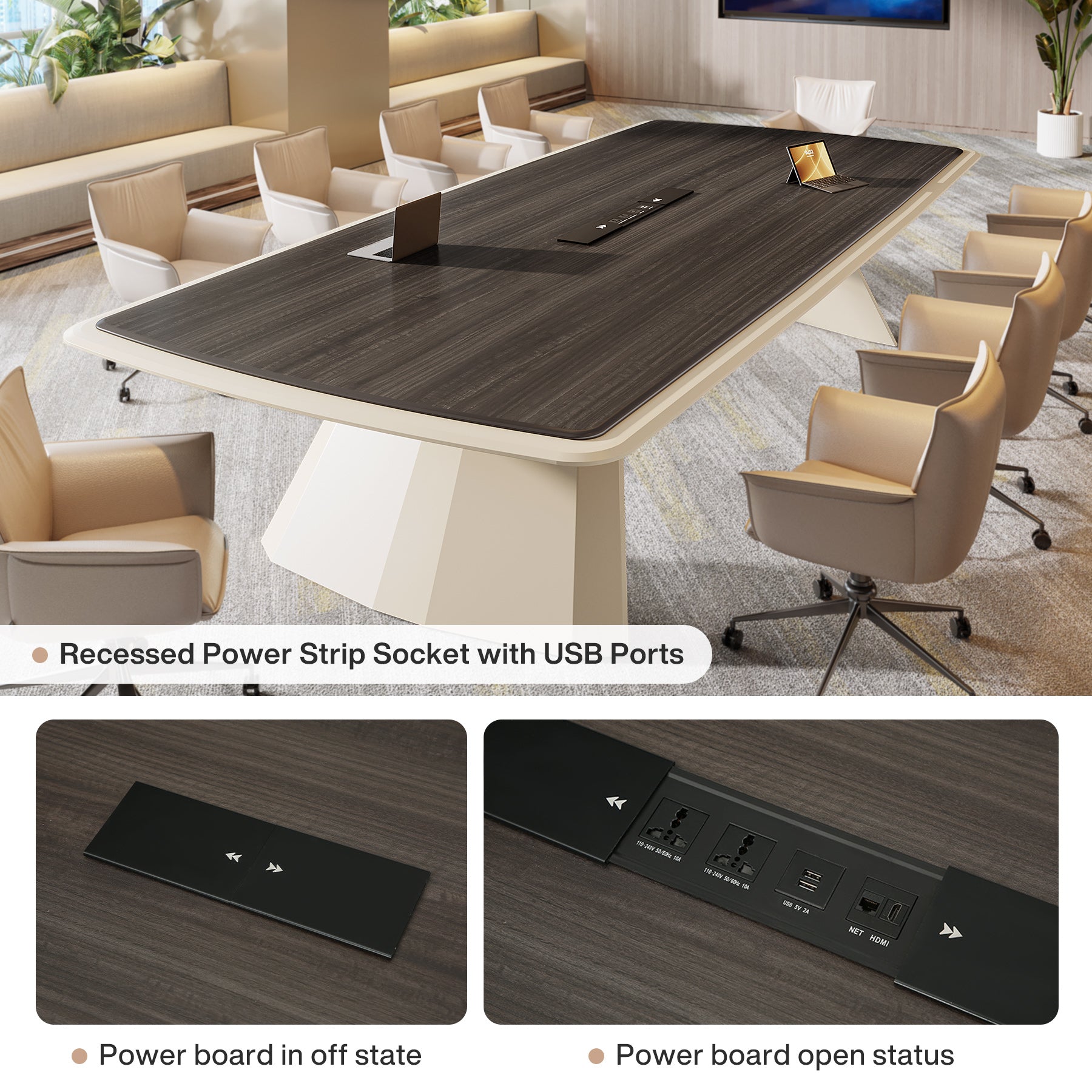 94.4" Luxury Executive Desk With Stainless Steel Base & Power Strip