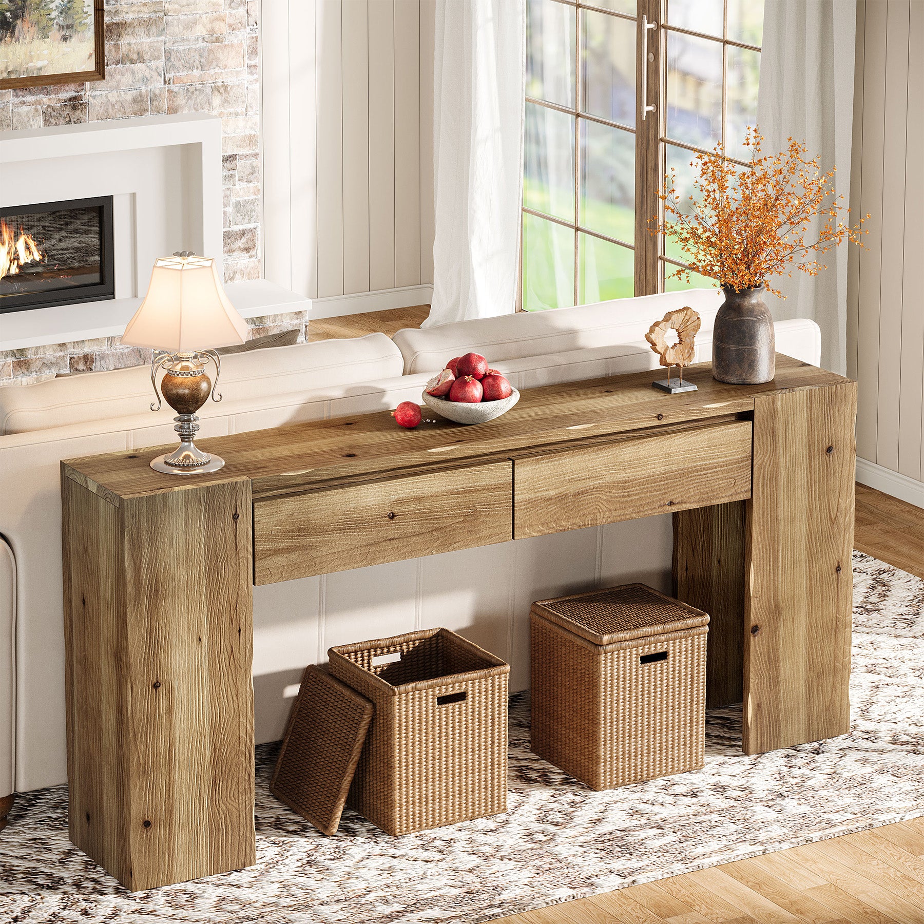 63" Solid Wood Console Table with Drawers, Narrow Entryway Sofa Table for Hallway & Living Room