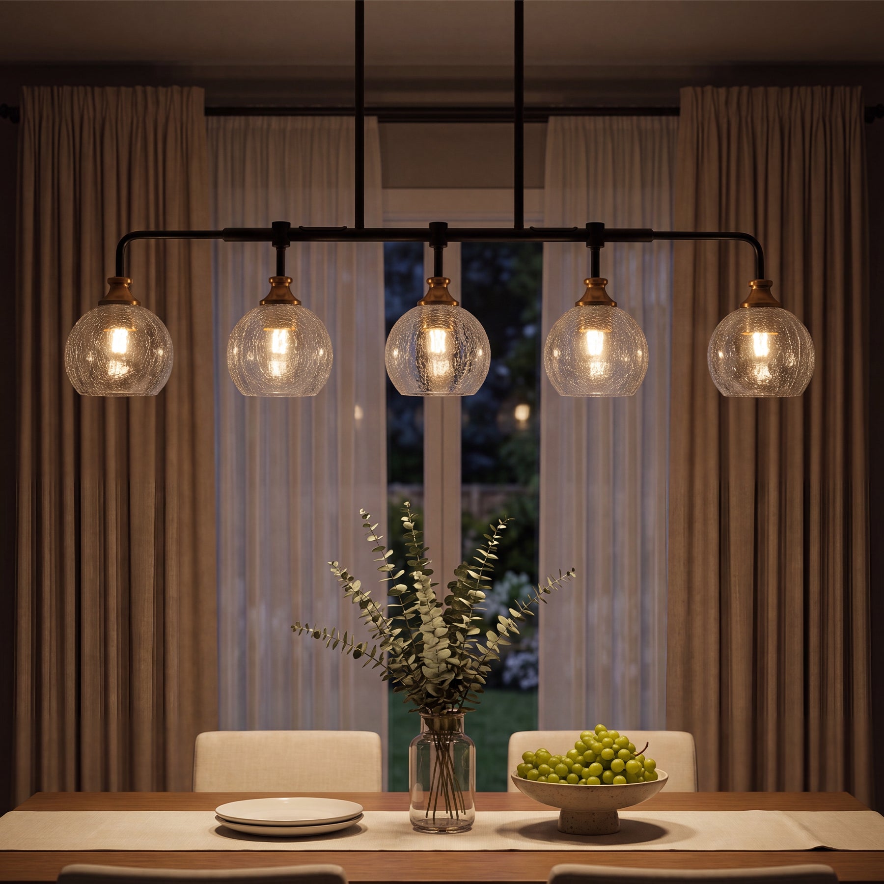 5-Light Pendant Lights, Kitchen Island Chandelier with Clear Crackle Glass Shades & Adjustable Height