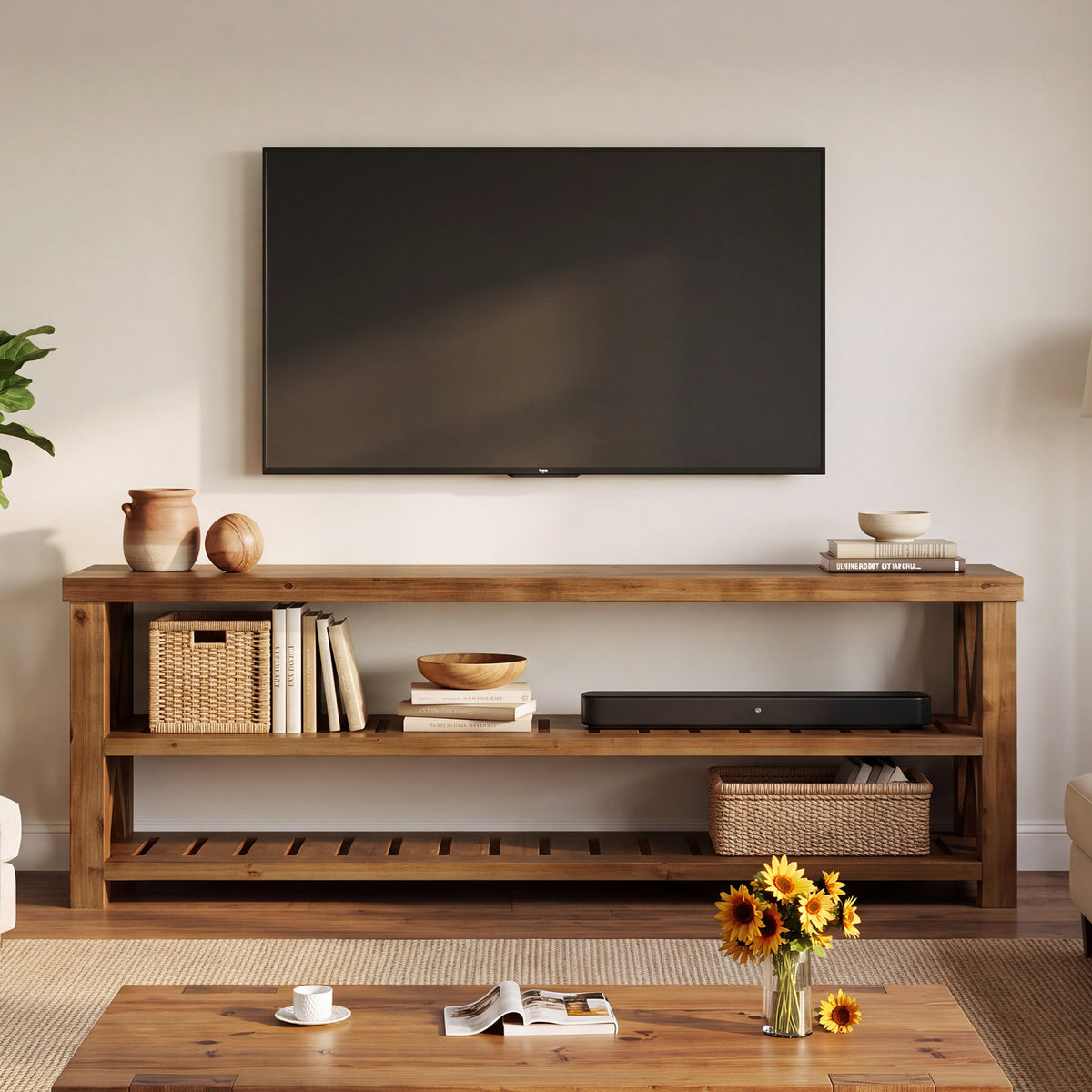 55" TV Stand for TVs up to 65", Solid Wood TV Console with 3 Storage Shelf