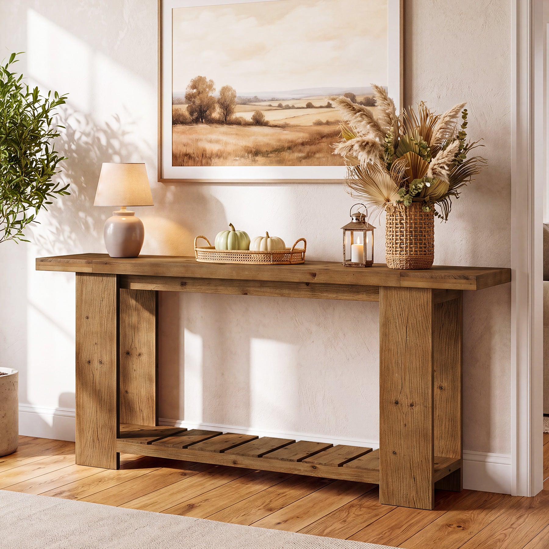 79" Solid Wood Console Table, Farmhouse Sofa Entryway Table with 2-Tier Storage