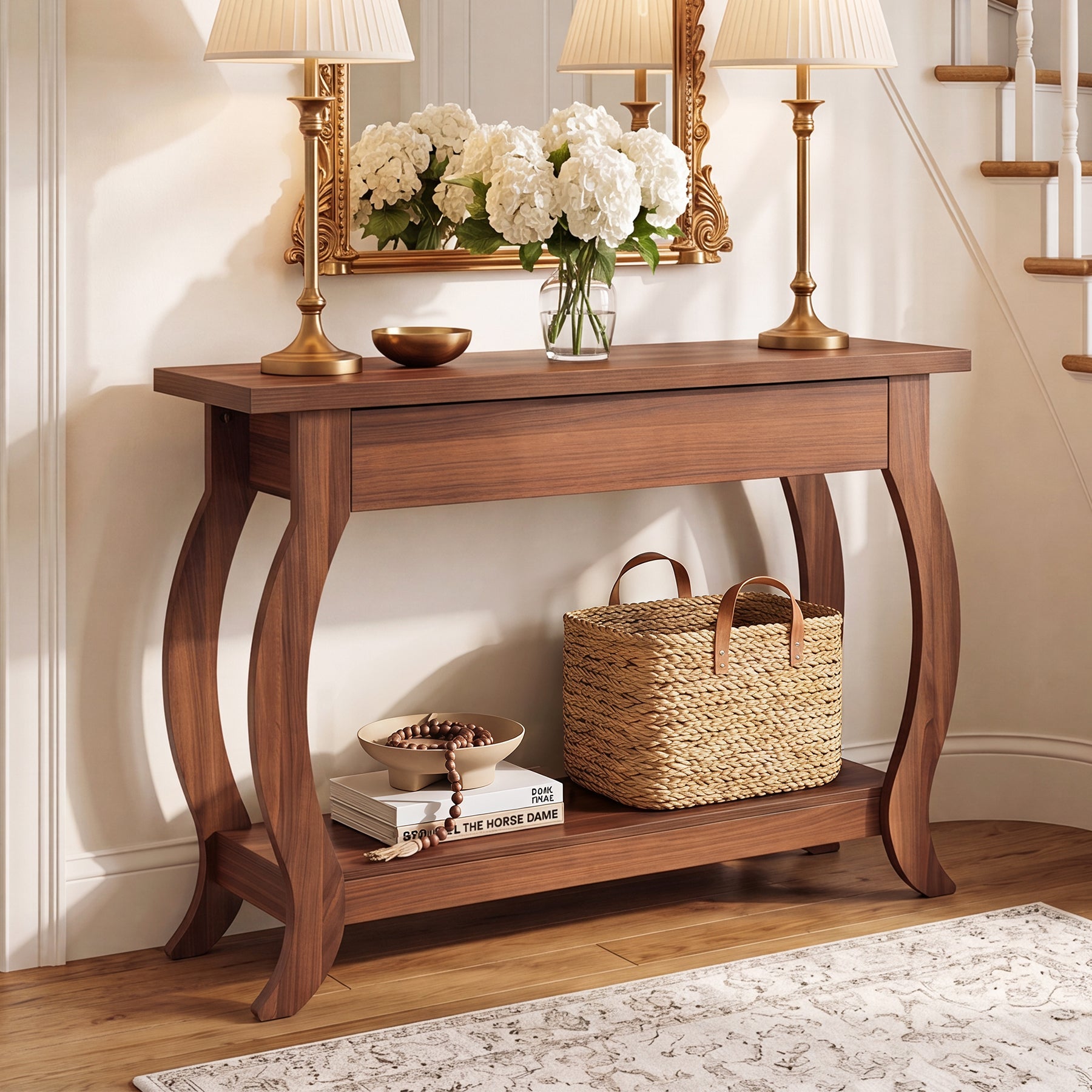 41.3" Console Table with Curved Legs, Farmhouse Sofa Table with Drawer and Shelf