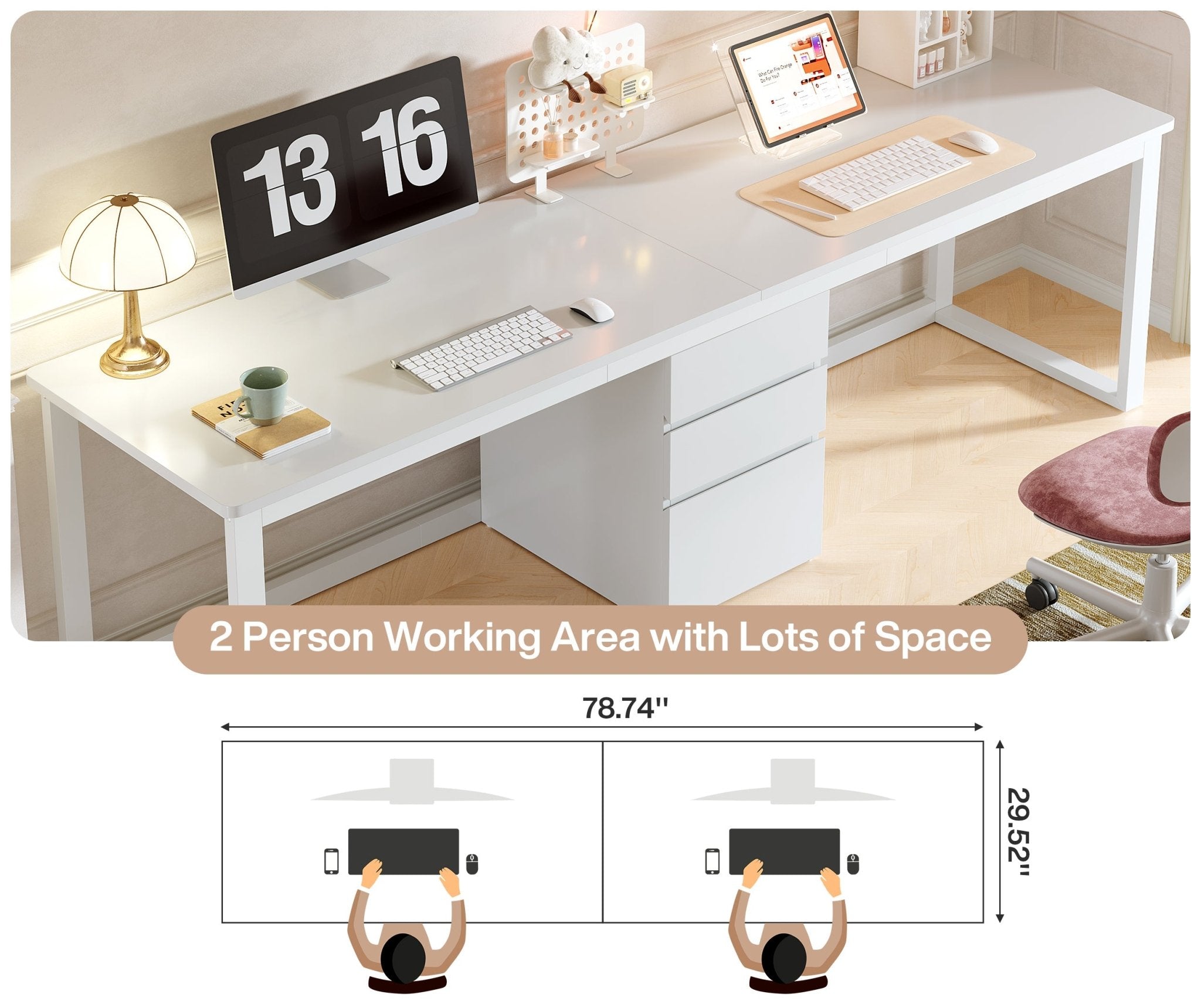 78.7" Two Person Desk, Modern Double Computer Office Desk with 3 Drawers