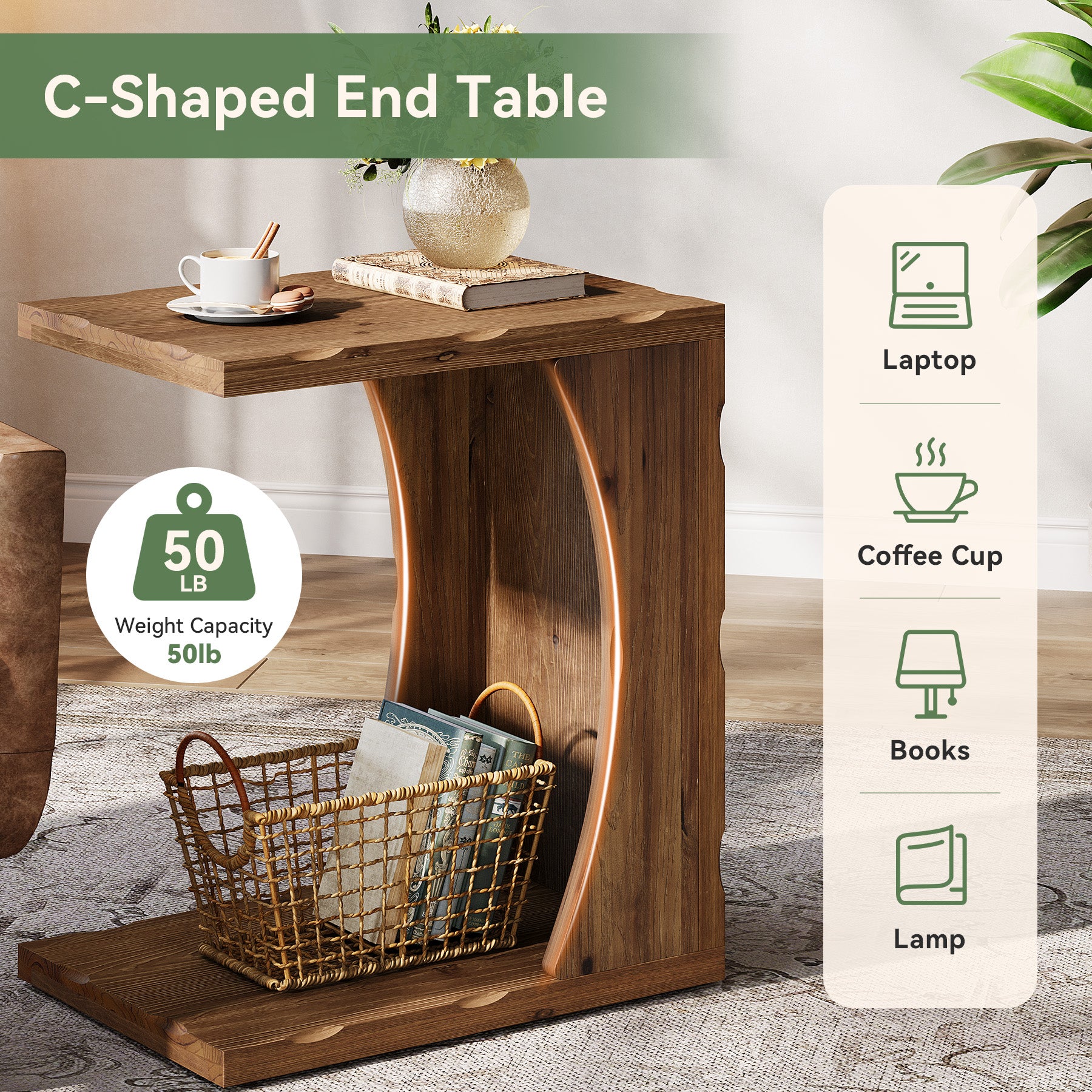 C-Shaped End Table, Solid Wood Narrow Side Table with Storage Shelf