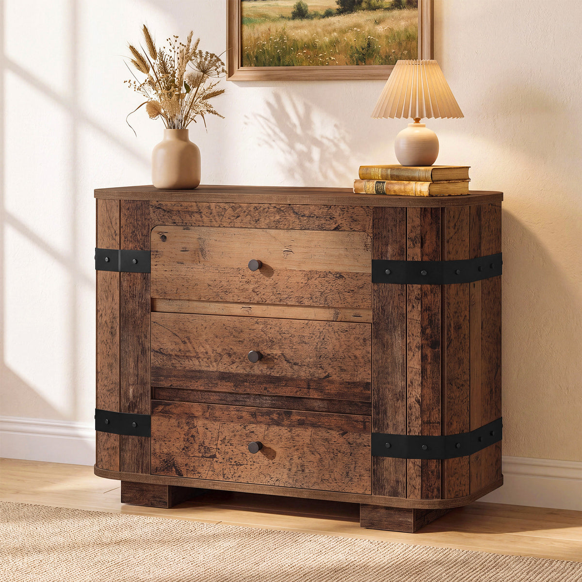 Oversized 3 Drawer Nightstand, Extra Wide Rustic Large Bedside Table, Bedroom