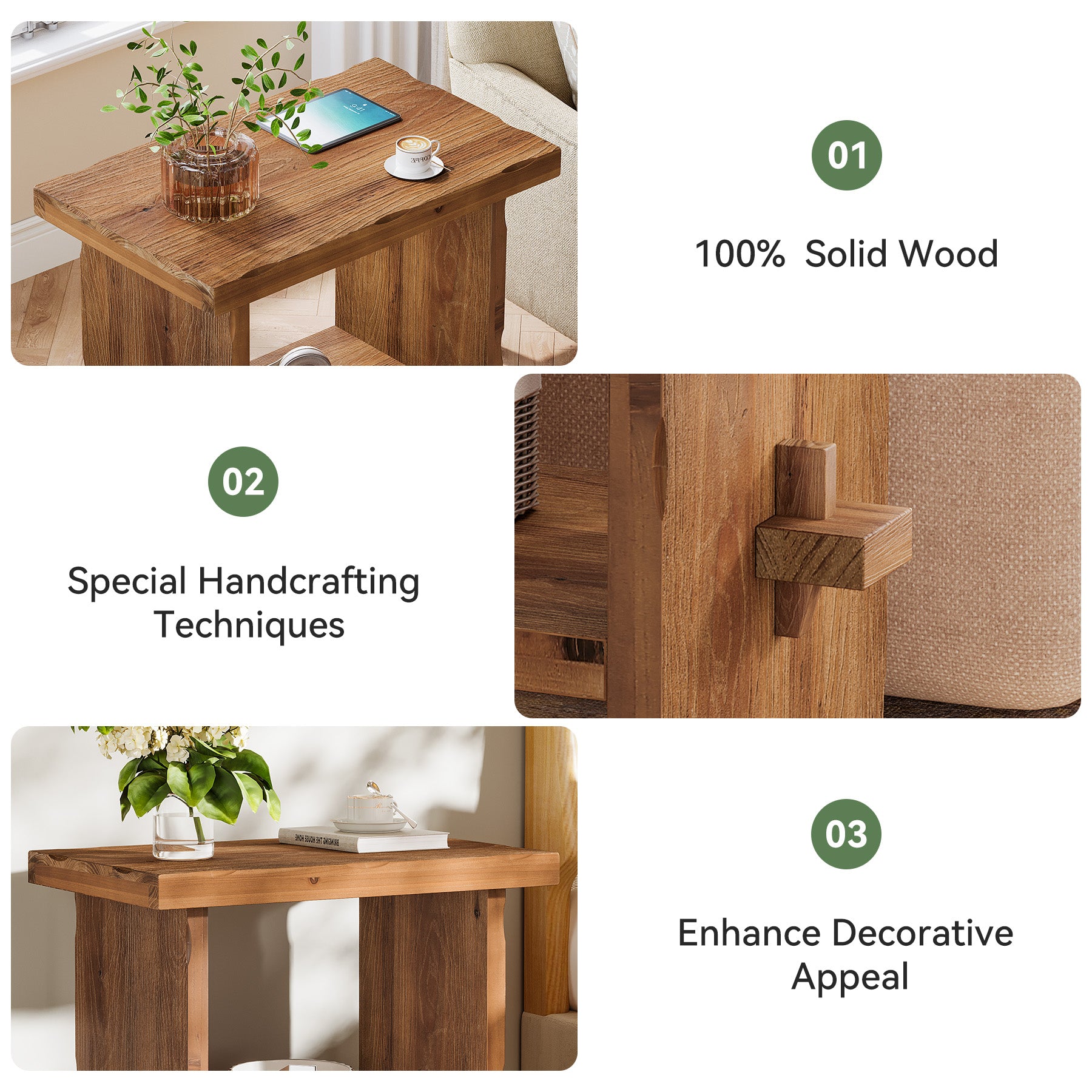 23.62-Inch Solid Wood Nightstand with Storage, Farmhouse Bedside Table with Wooden Base for Bedroom