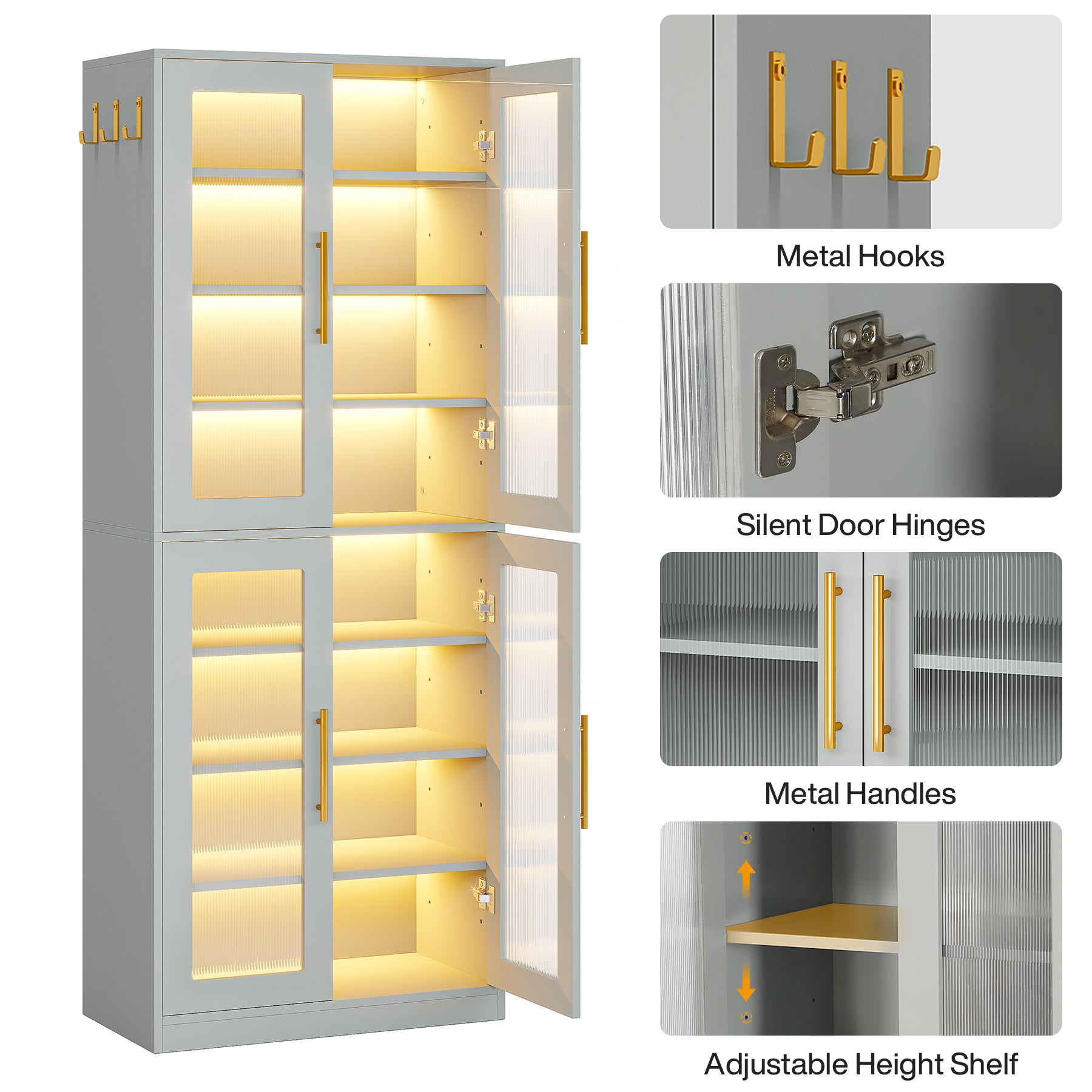 66.9" Tall Shoe Storage Cabinet, 8-Tier Entryway Shoe Organizer Rack with Acrylic Doors and LED Lights