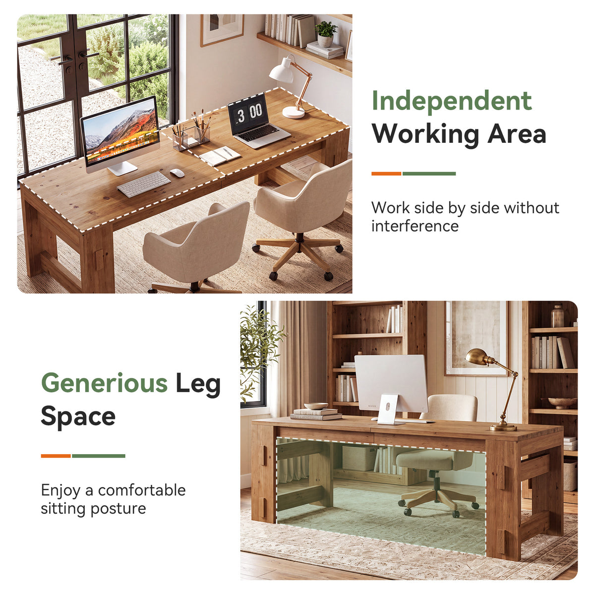 Solid Wood 2 Person Desk, 78.7" Office Computer Desk with Chunky Wood Legs