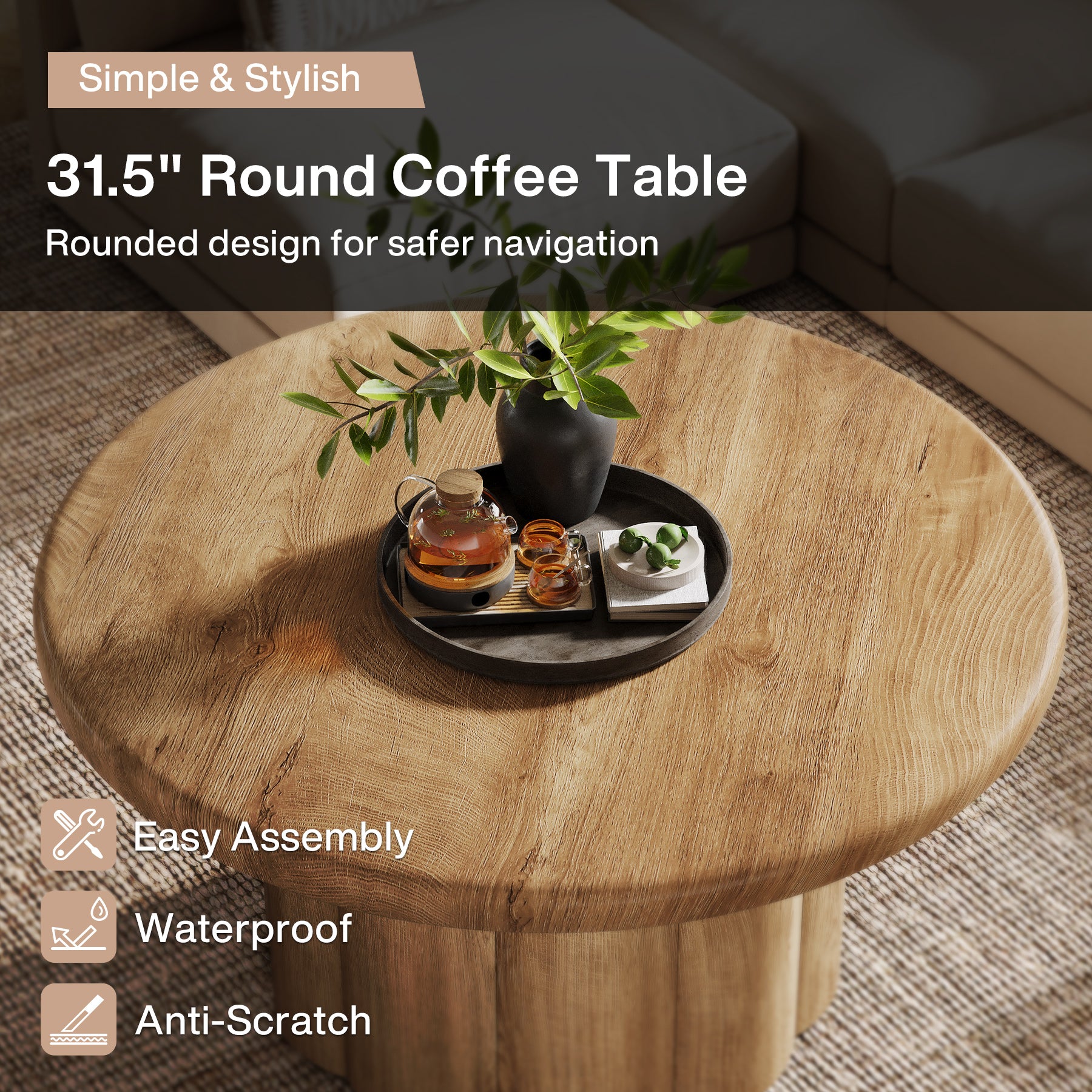 31.5" Round Coffee Table, Farmhouse Center Table with Fluted Drum Base