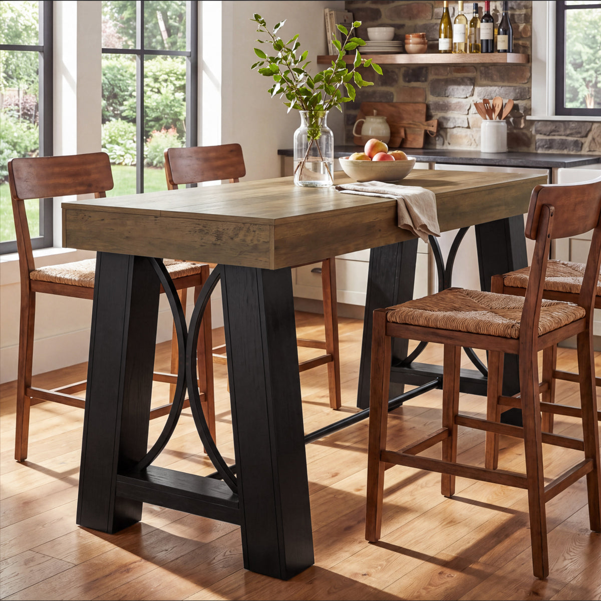 63" Farmhouse Counter Height Table with Footrest, Rectangular High Top Home Bar Kitchen