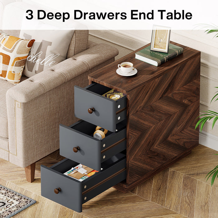 Wood End Table, 3-Drawer Narrow Side Table Storage Cabinet