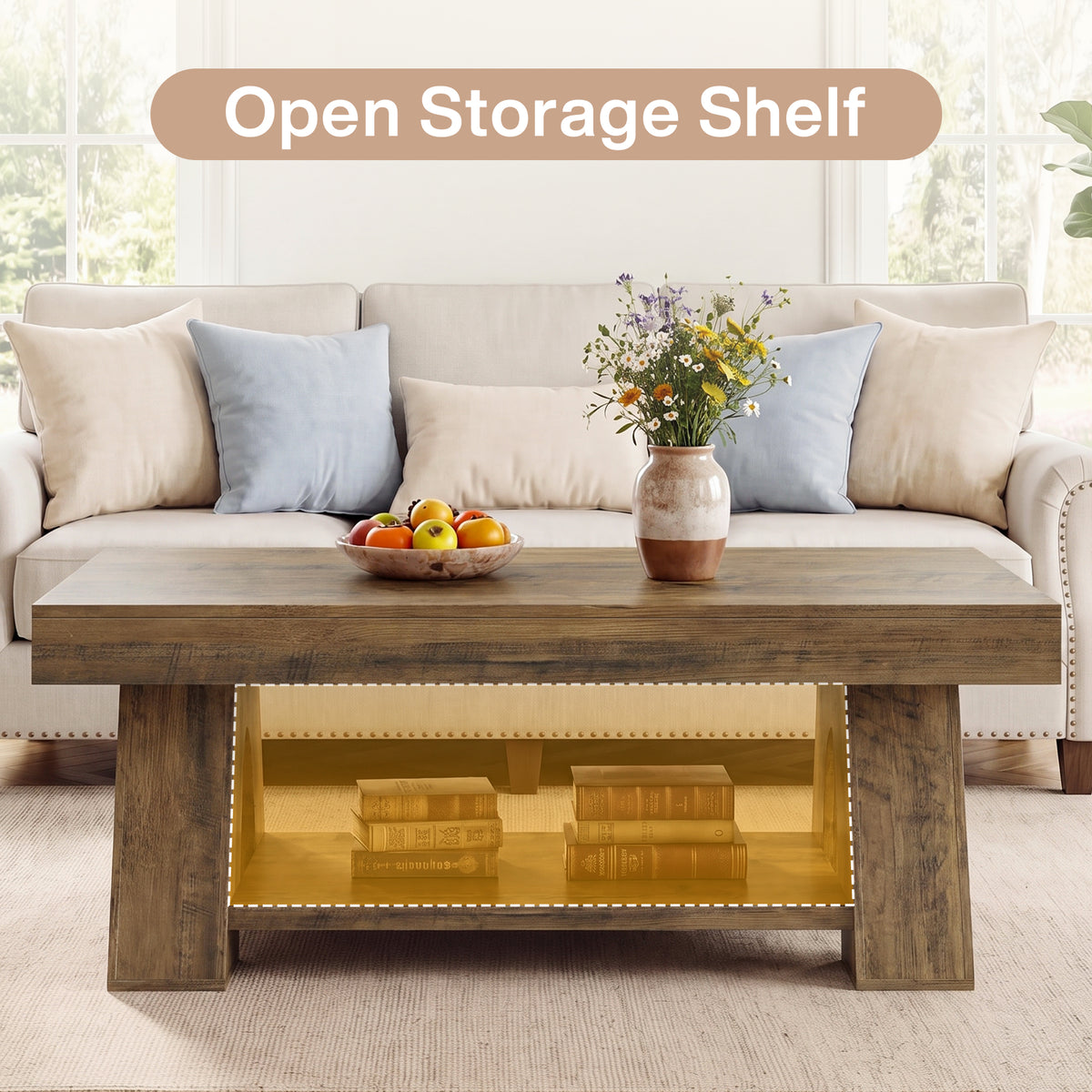 Tribesigns 55.1-Inch Farmhouse Coffee Table with Storage Shelf, Large Rectangle Center Table for Living Room