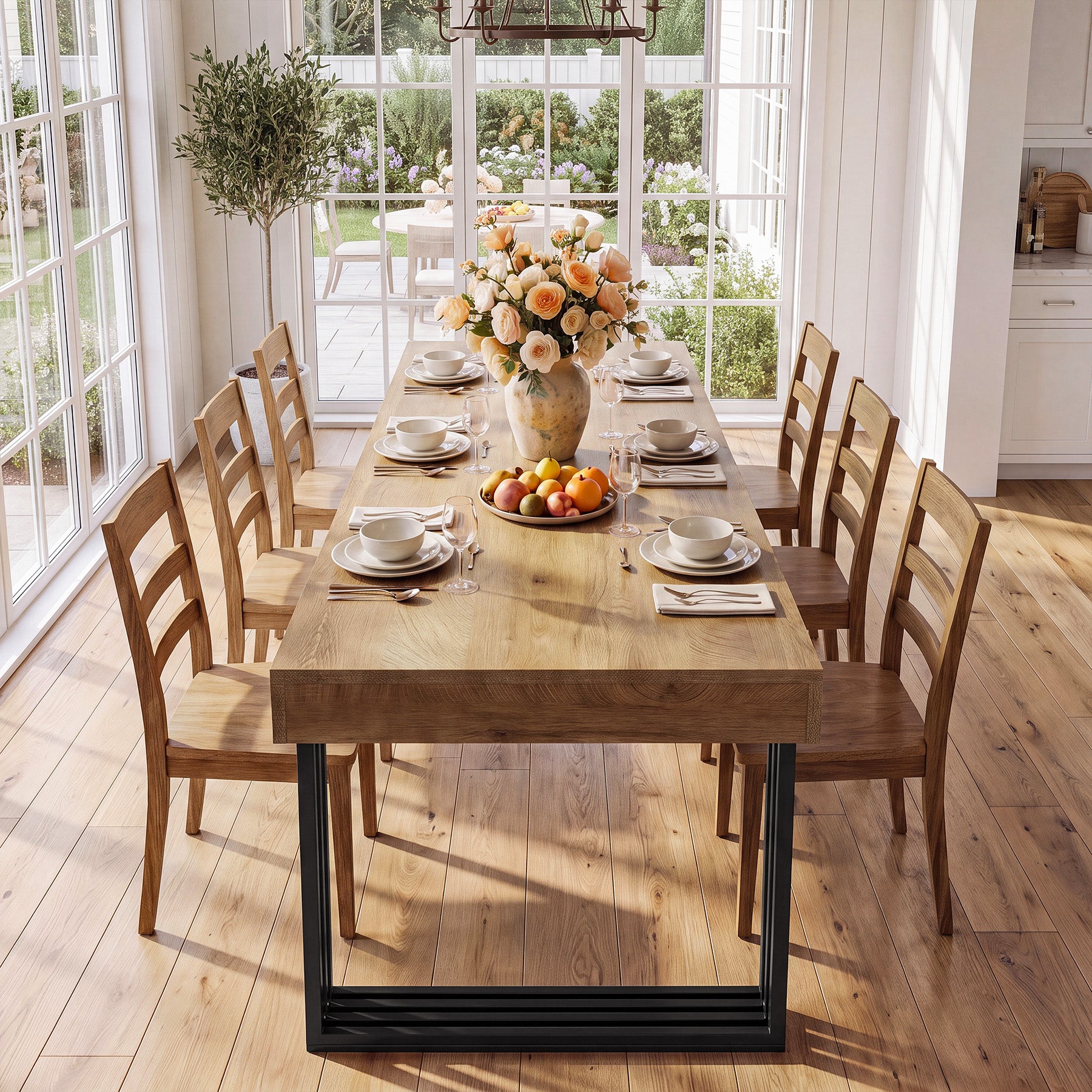 79" Large Dining Table with Metal Frame, Wood Kitchen Table for 6-8