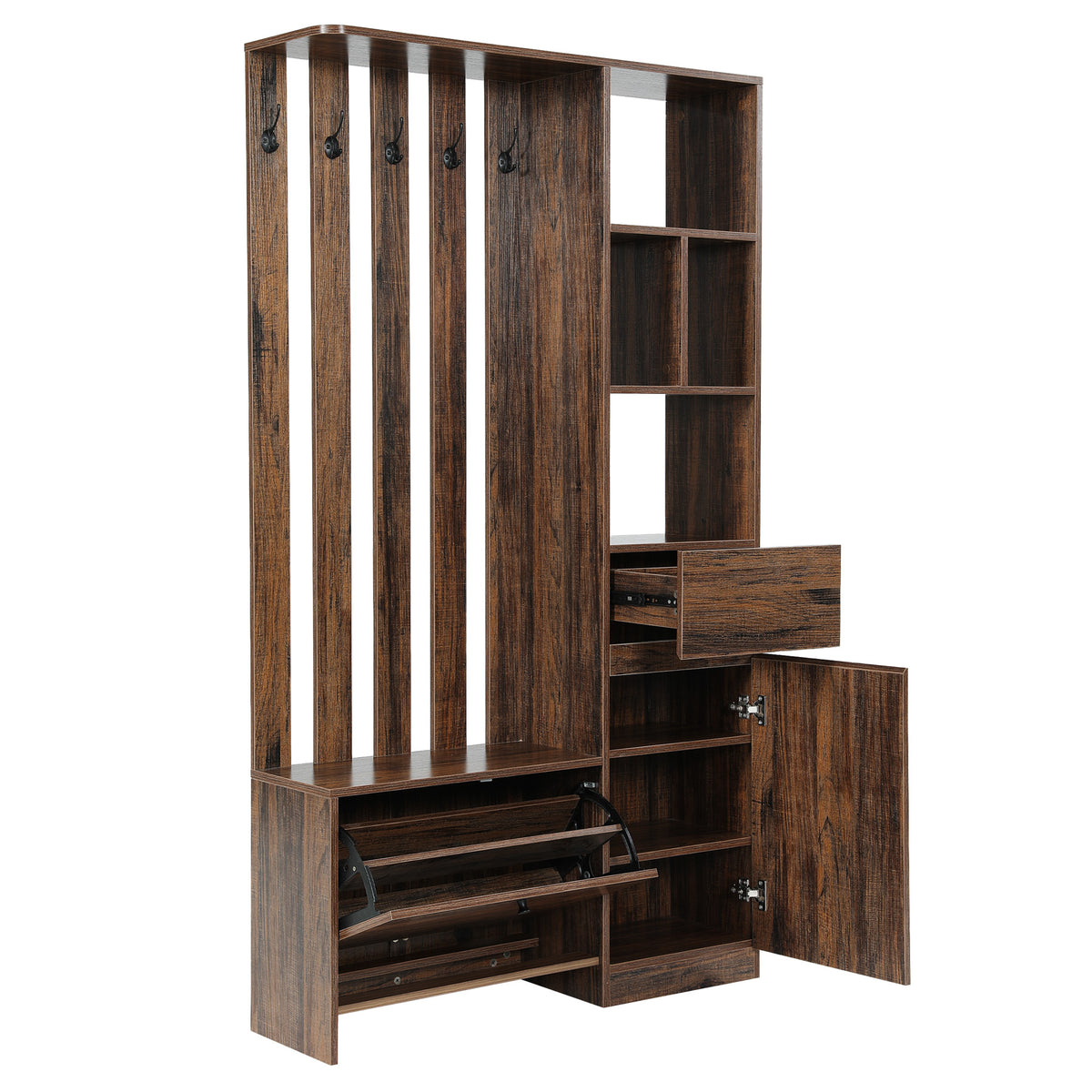 71" Farmhouse Hall Tree with Bench & Shoe Storage, 5 Double Hooks & 2 Drawers